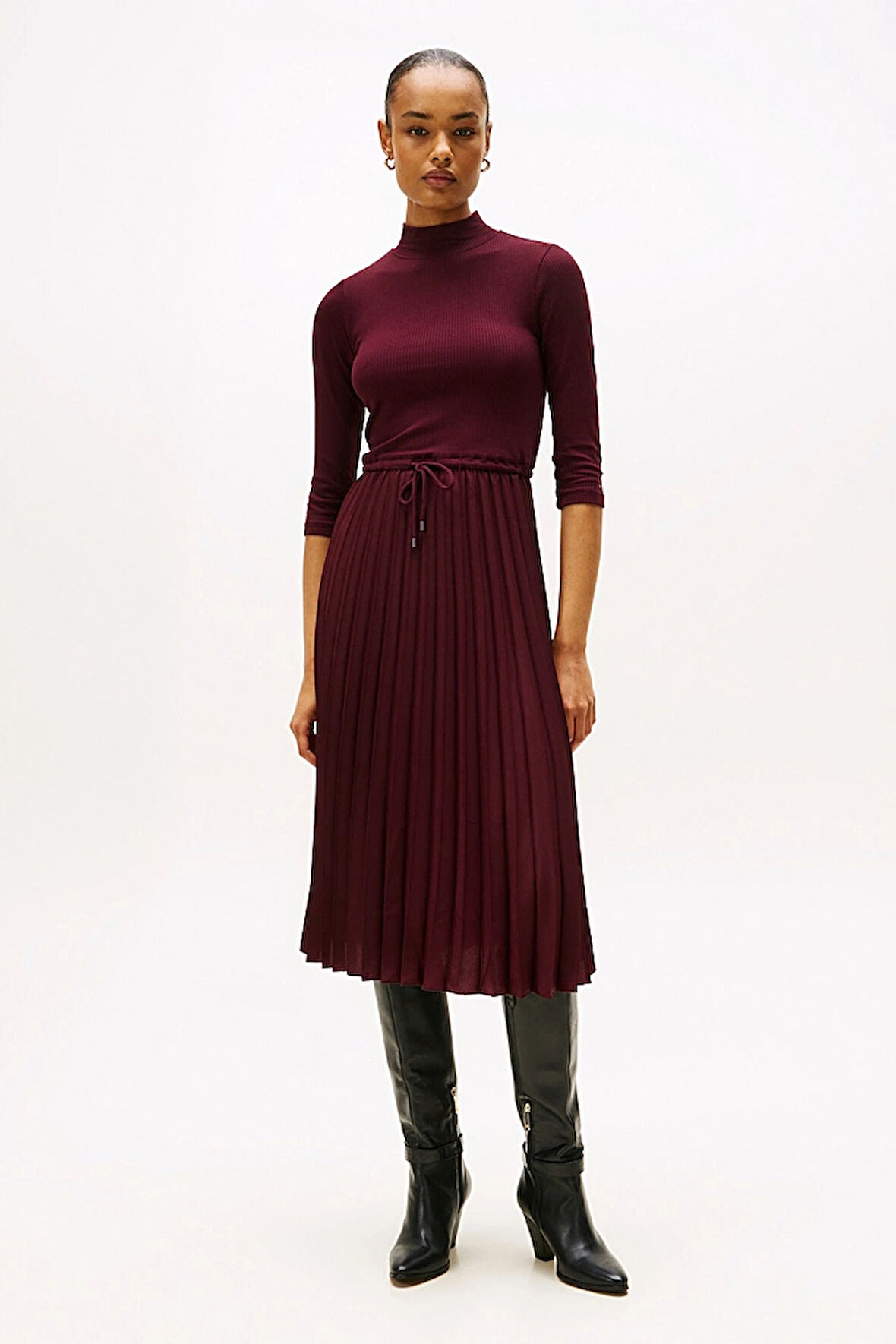 Kadın Fitilli Beli Büzgülü Eteği Piliseli Midi Elbise - Bordo | L