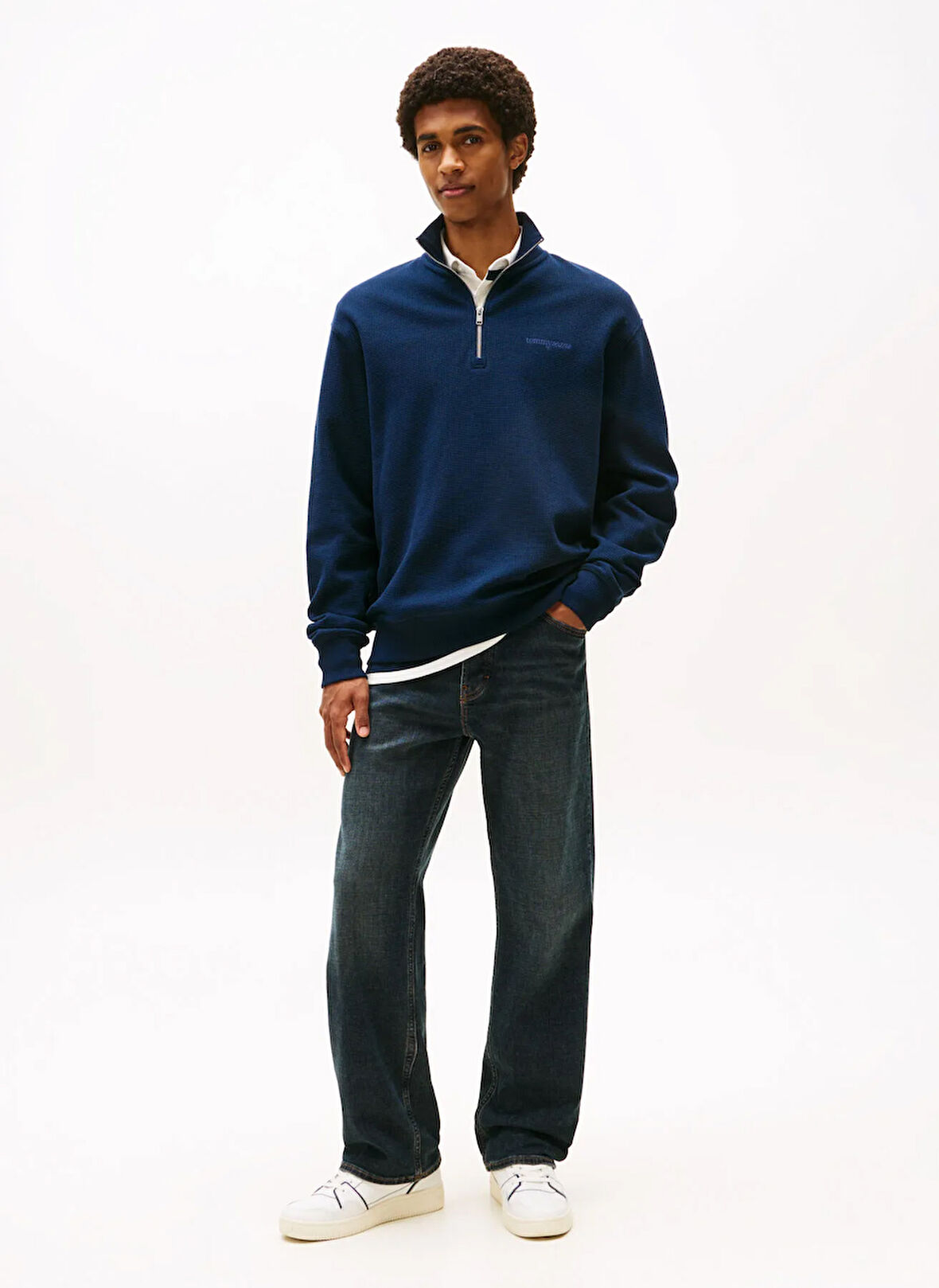 Tommy Jeans Fermuarlı Yaka Lacivert Erkek Sweatshırt DM0DM21880C1G TJM RLX WAFFLE SCRIPT