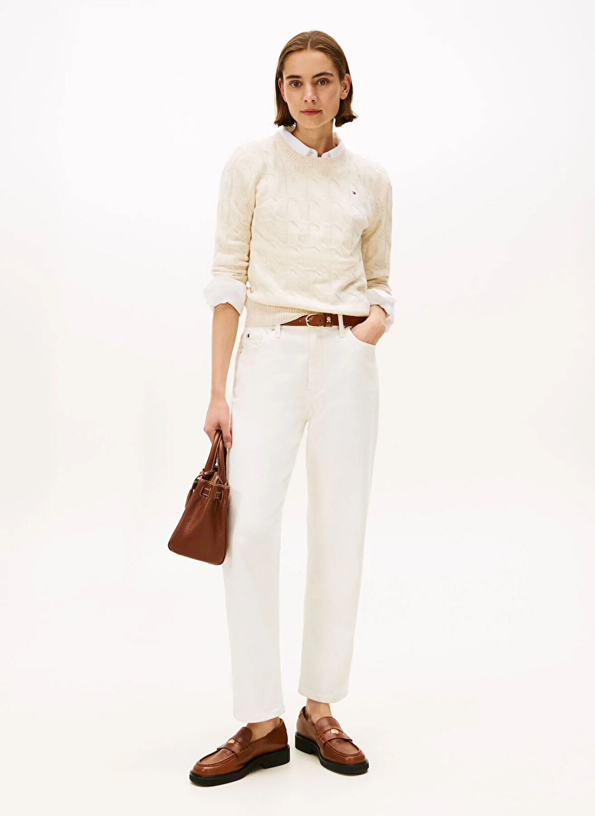 Tommy Hilfiger Yuvarlak Yaka Standart Düz Bej Kazak Kadın WW0WW43586ADK