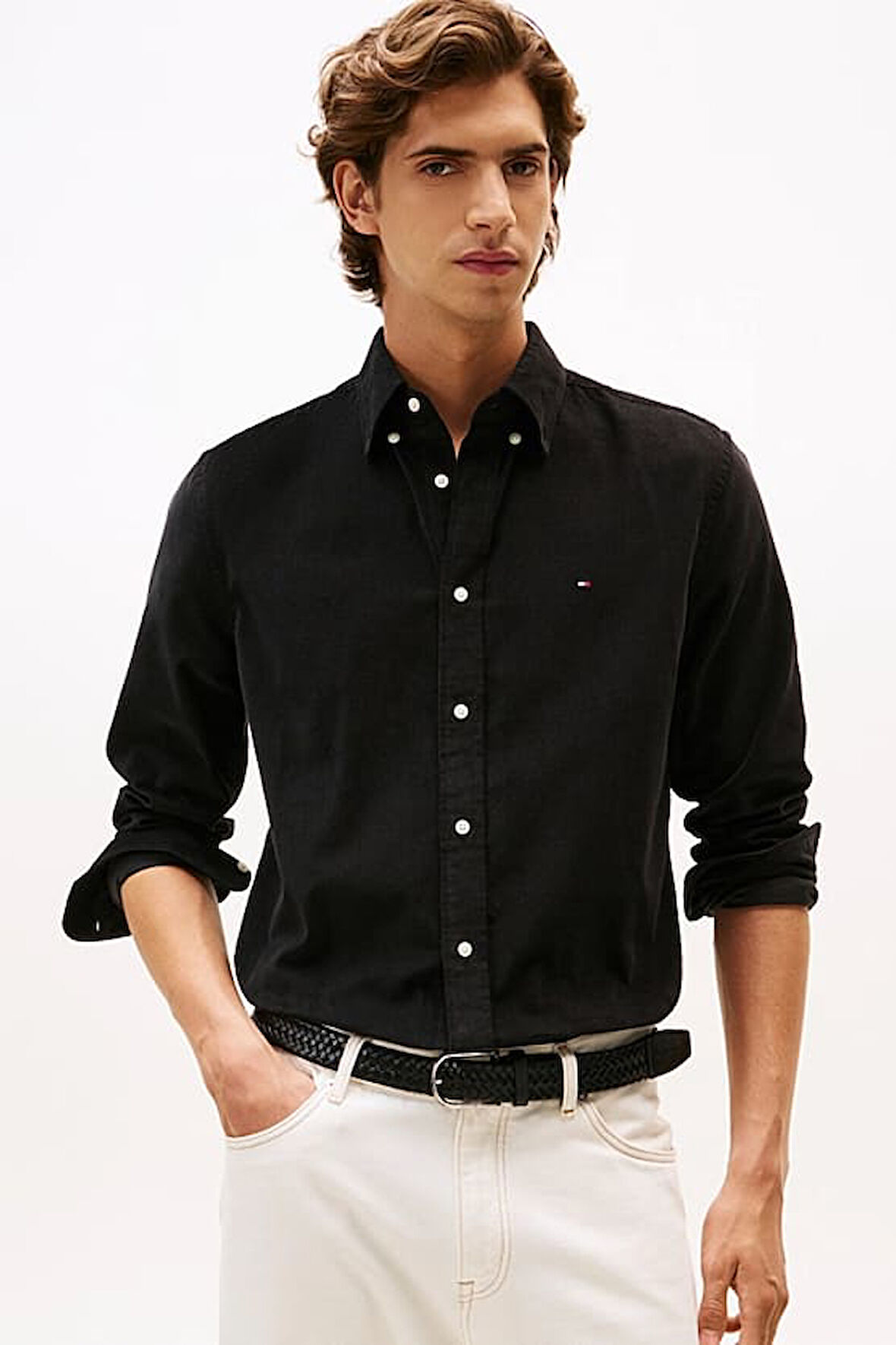 Erkek Regular Fit Düğmeli Yaka Kadife Gömlek - Siyah | S