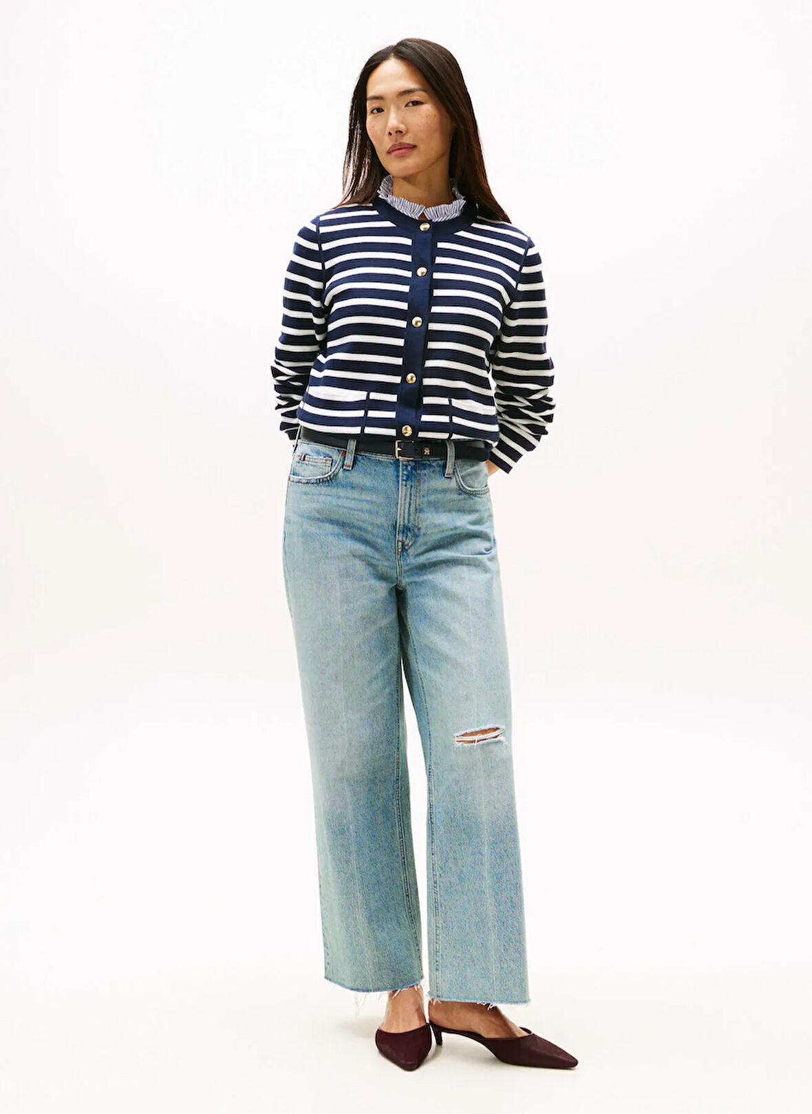 Tommy Hilfiger Yuvarlak Yaka Standart Çizgili Lacivert Kazak Kadın WW0WW408460X4