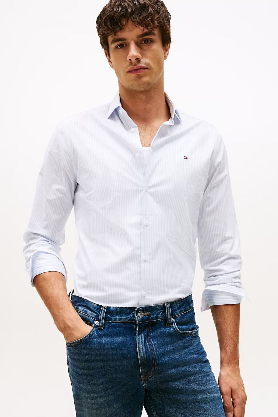 Erkek Slim Fit Çizgili Gömlek - Mavi/Beyaz | 42