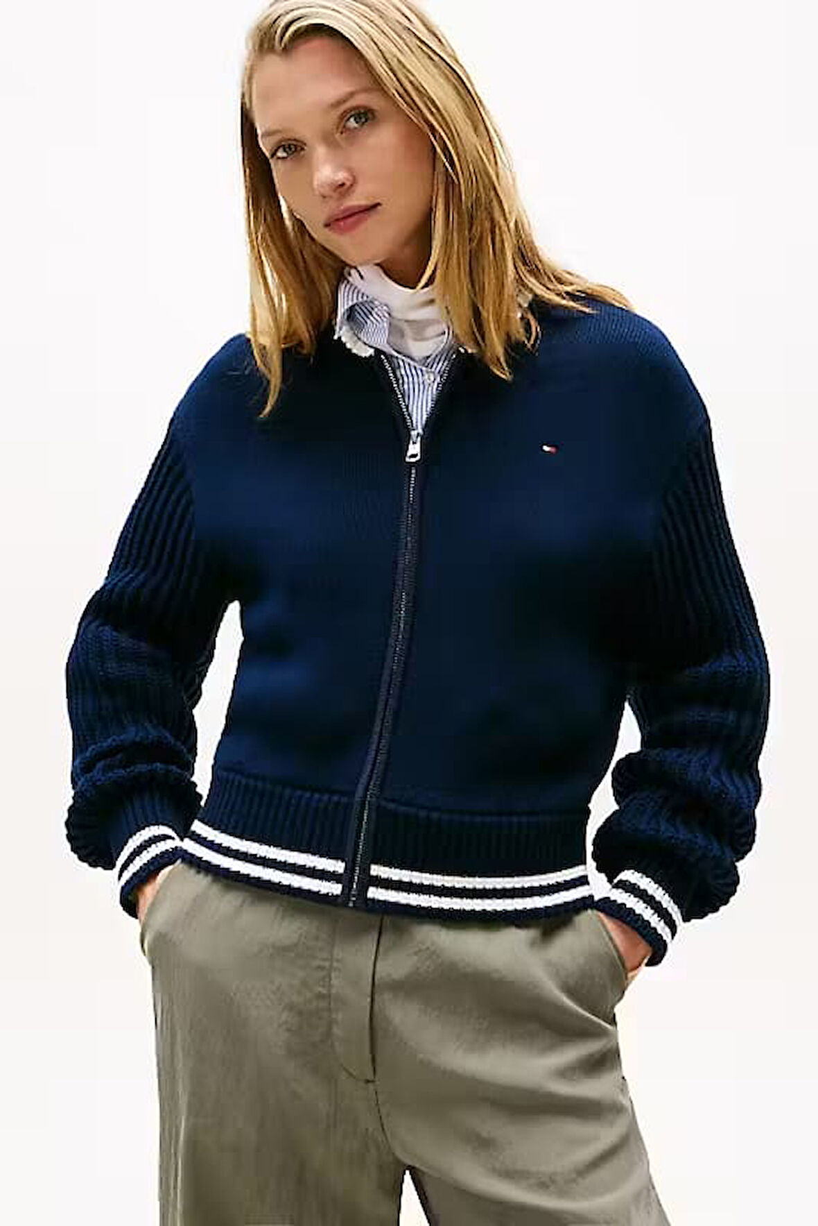 Kadın Regular Fit Çizgili Ribanalı Triko Bomber Ceket - Lacivert | XS