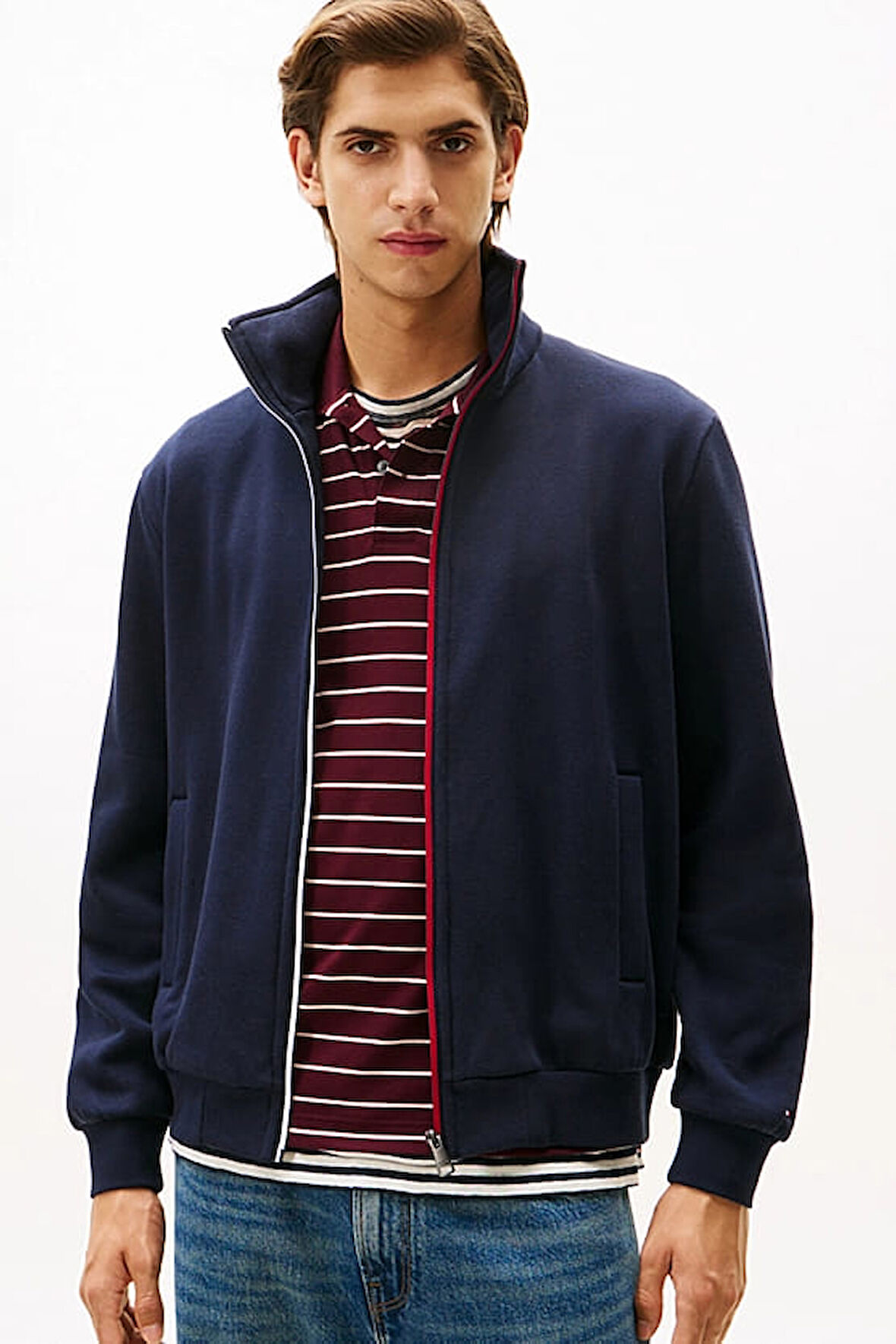 Erkek Şerit Detaylı Dik Yaka Fermuarlı Sweatshirt - Lacivert | XS