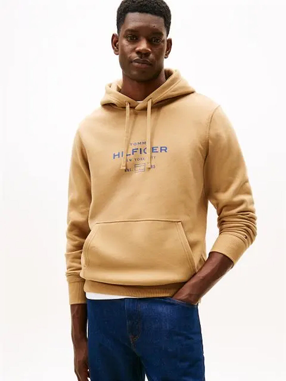 TOMMY HILFIGER Erkek Marka Logolu Kapüşonlu  Organik Pamuklu Kanguru Ceplli Günlük Kullanıma Uygun Açık Kahverengi Sweatshirt MW0MW40864 GV7