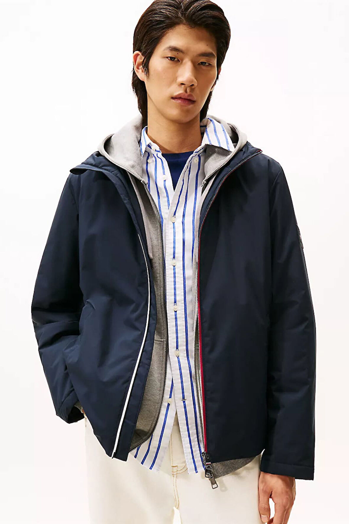 Erkek Regular Fit Fermuarı Şerit Detaylı Kapüşonlu Mont - Lacivert | XS