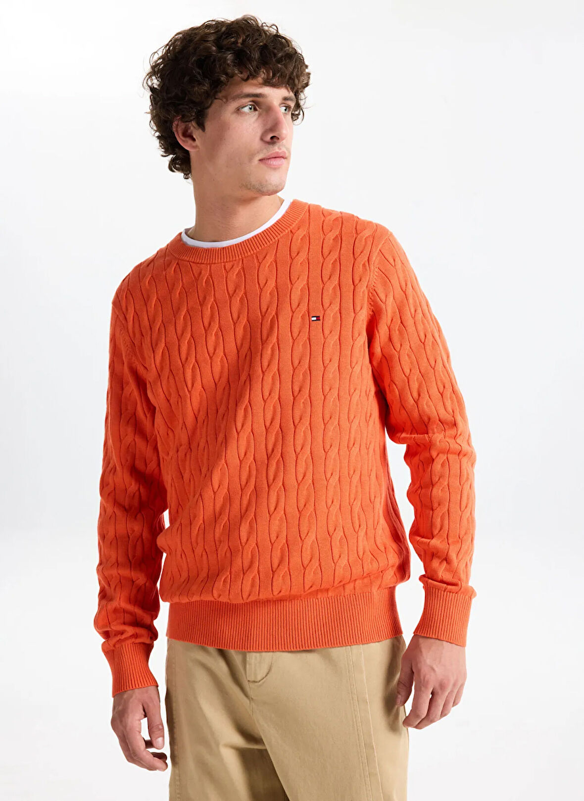 Tommy Hilfiger Bisiklet Yaka Normal Turuncu Erkek Kazak MW0MW33132SCX_CLASSIC COTTON CABLE