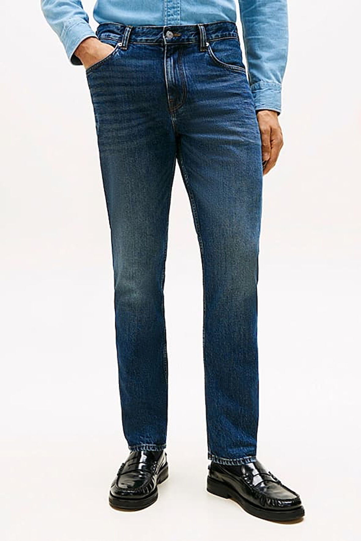 Erkek Denton Düz Kesim Eskitme Görünümlü Jean Pantolon - Mavi | 35/32