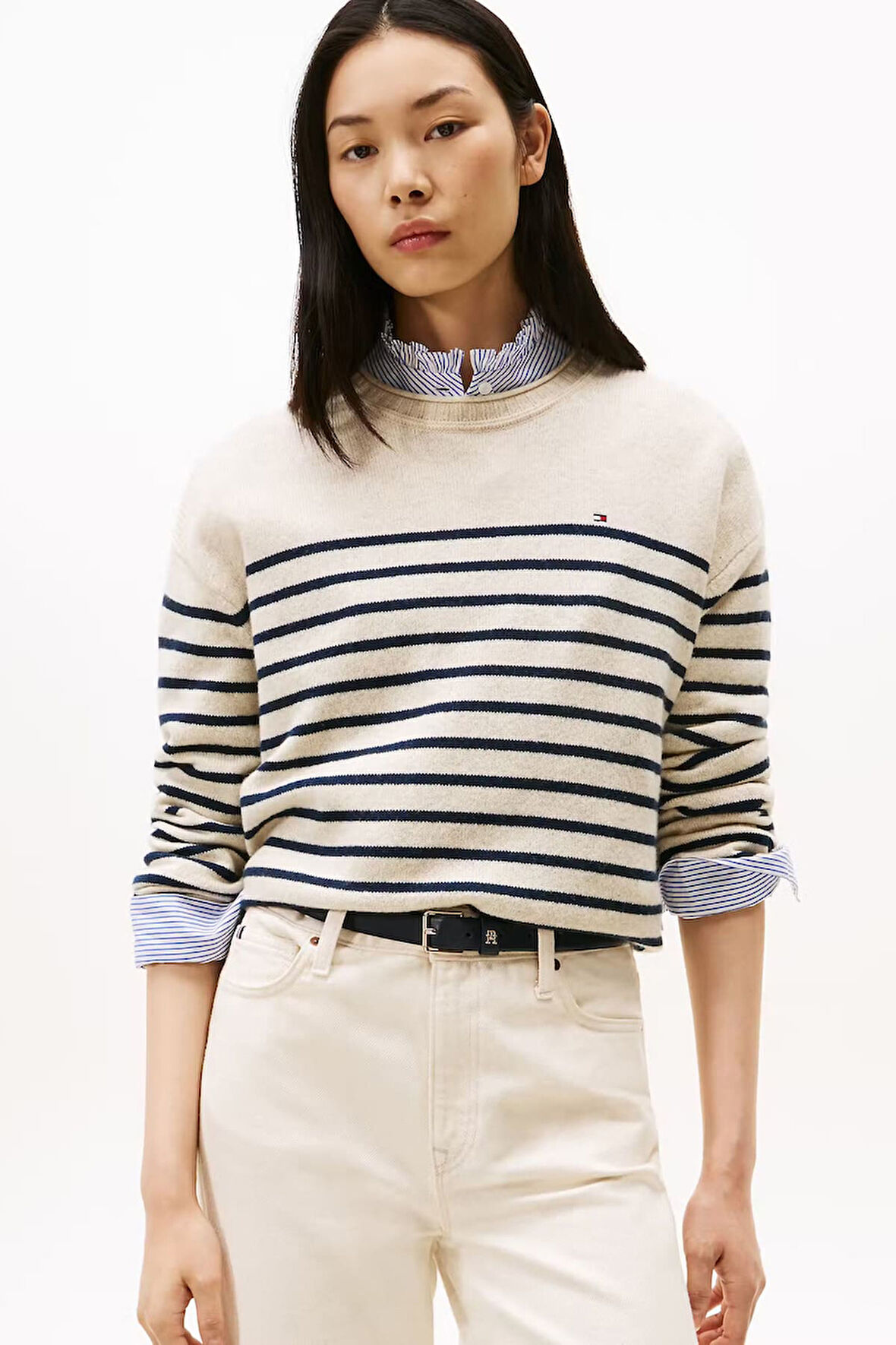 Kadın Soft Wool Relaxed Fit Düşük Omuz Çizgili Kazak - Bej/Lacivert | S