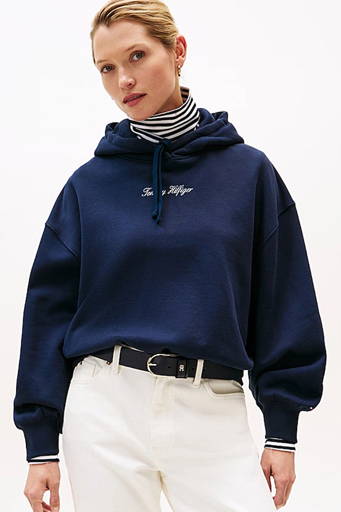 Kadın Rahat Kalıp Düşük Omuzlu Kapüşonlu Sweatshirt - Lacivert | L