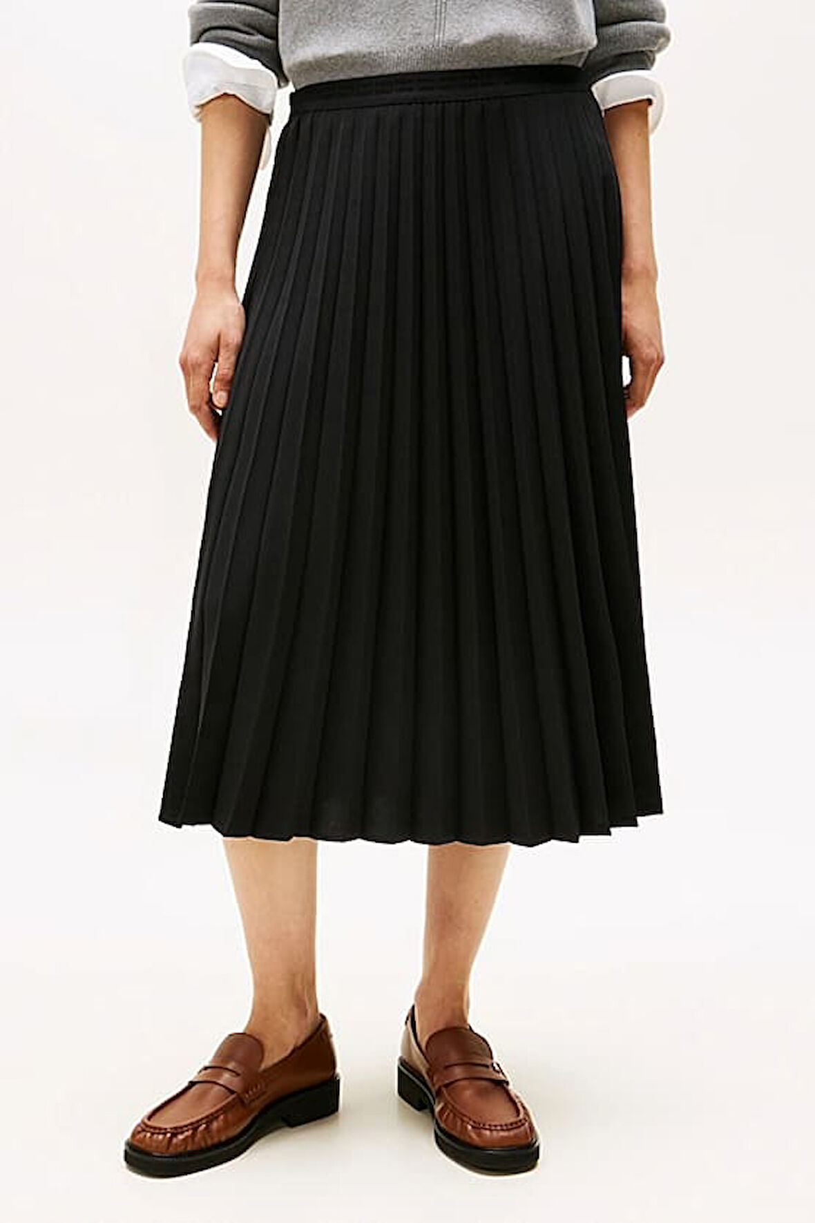 Kadın Beli Lastikli Pliseli Midi Etek - Siyah | 36