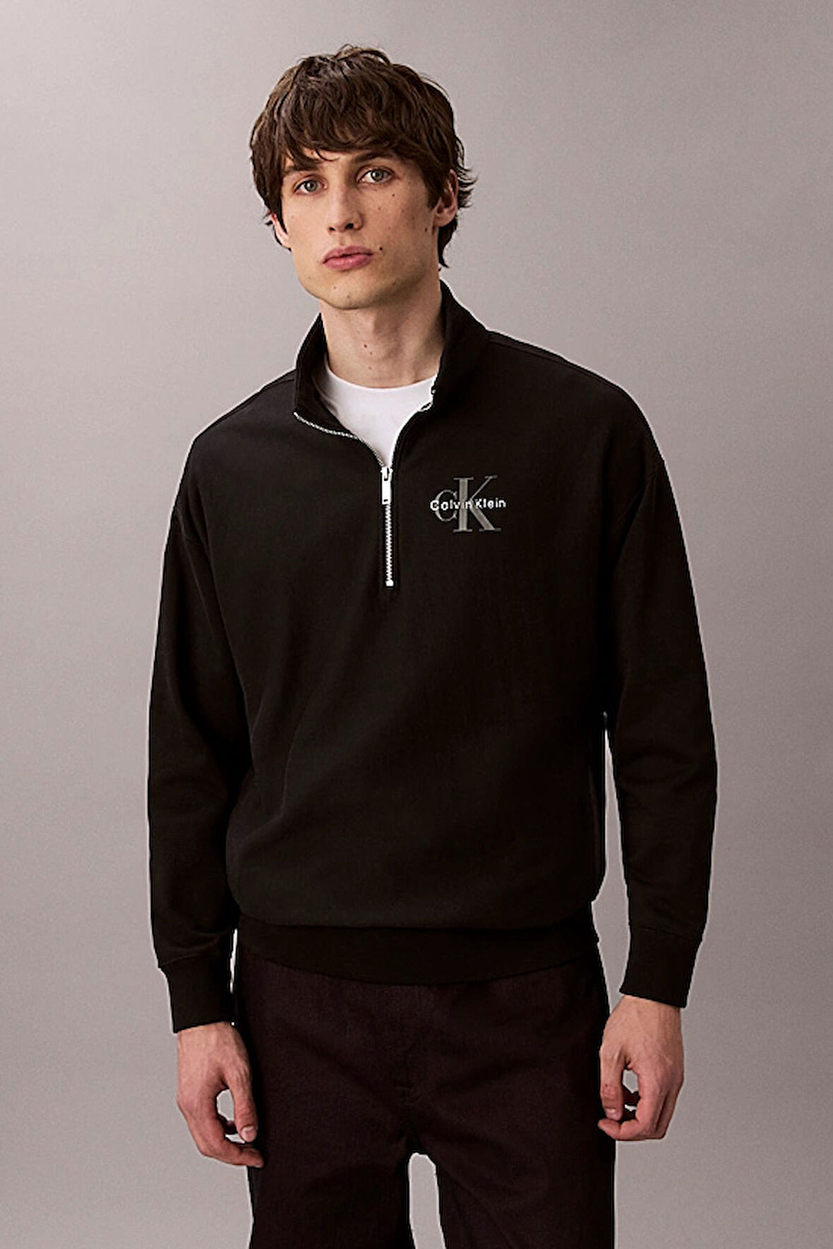 Erkek Rahat Kalıp Yarım Fermuarlı Yüksek Yaka Sweatshirt - Siyah | XS