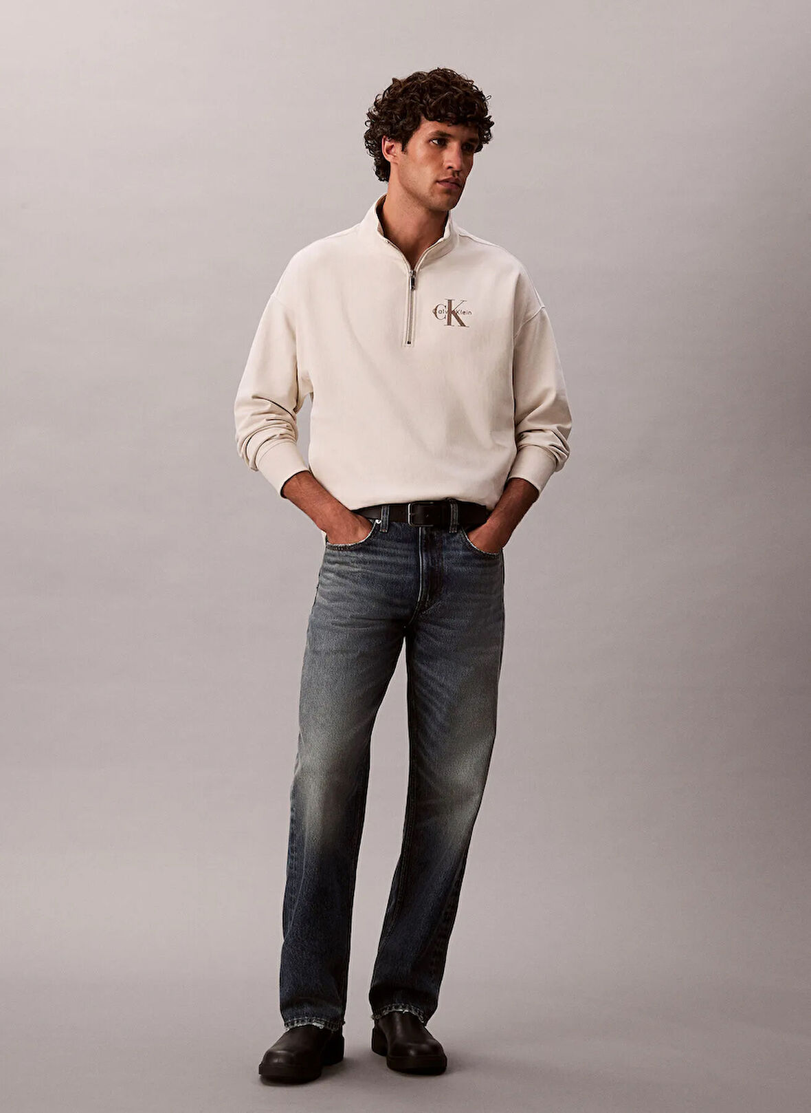 Calvin Klein Jeans Fermuarlı Yaka Krem Erkek Sweatshırt LV04RD236G67U LS PREMIUM TERRY MICR