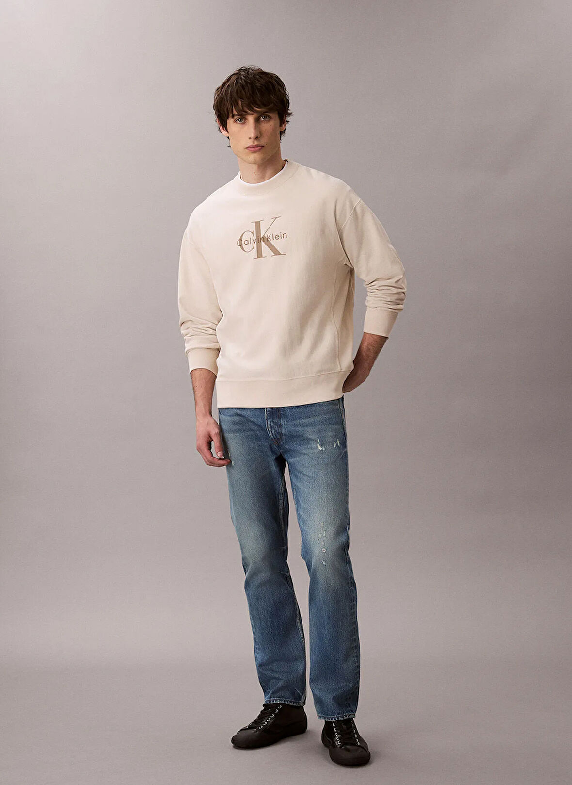 Calvin Klein Jeans Bisiklet Yaka Krem Erkek Sweatshırt LV04RD234G67U LS PREMIUM TERRY MONO