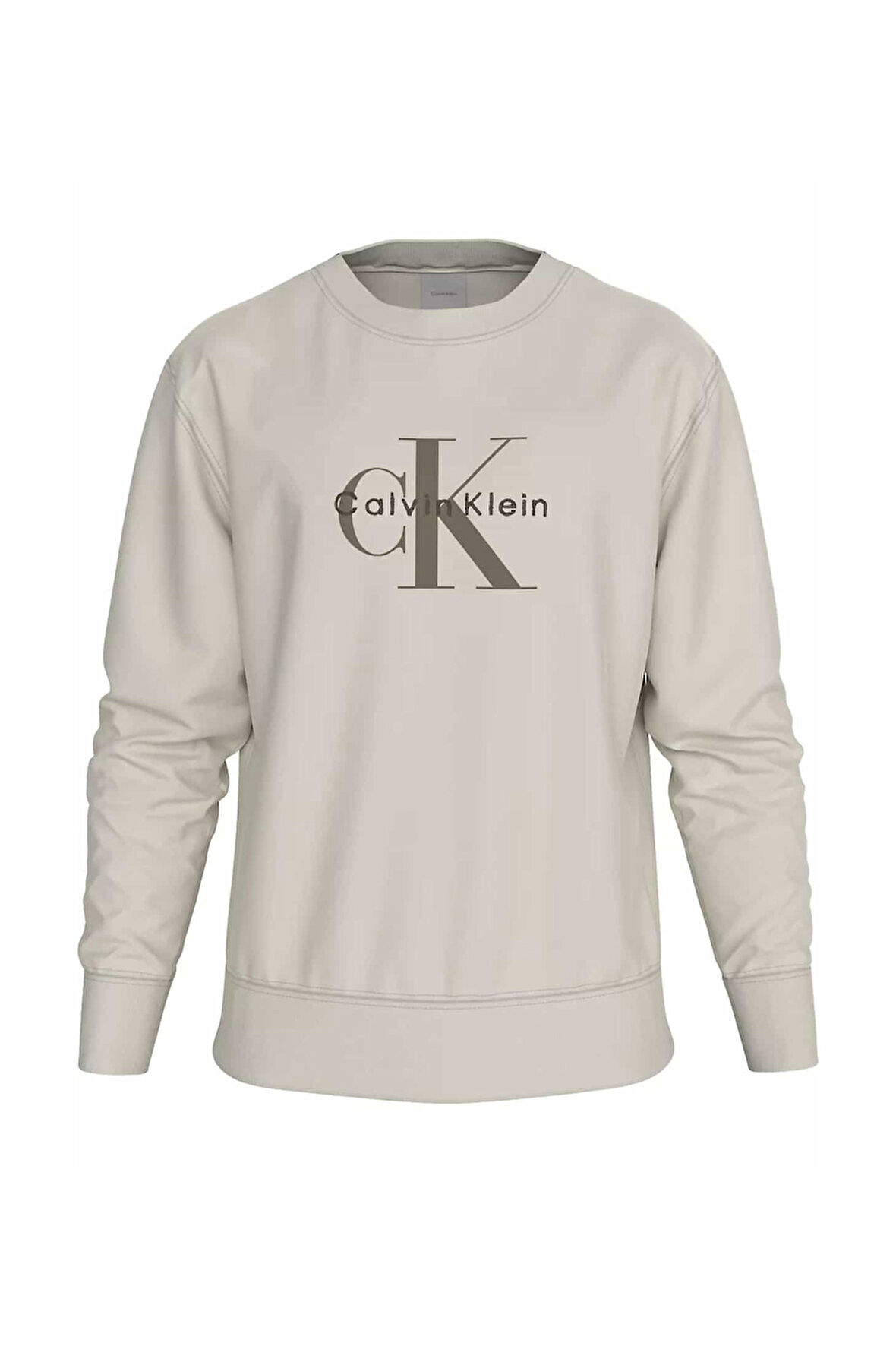 Erkek Bisiklet Yaka Monogram Logolu Pamuklu Sweatshirt - Krem | XS