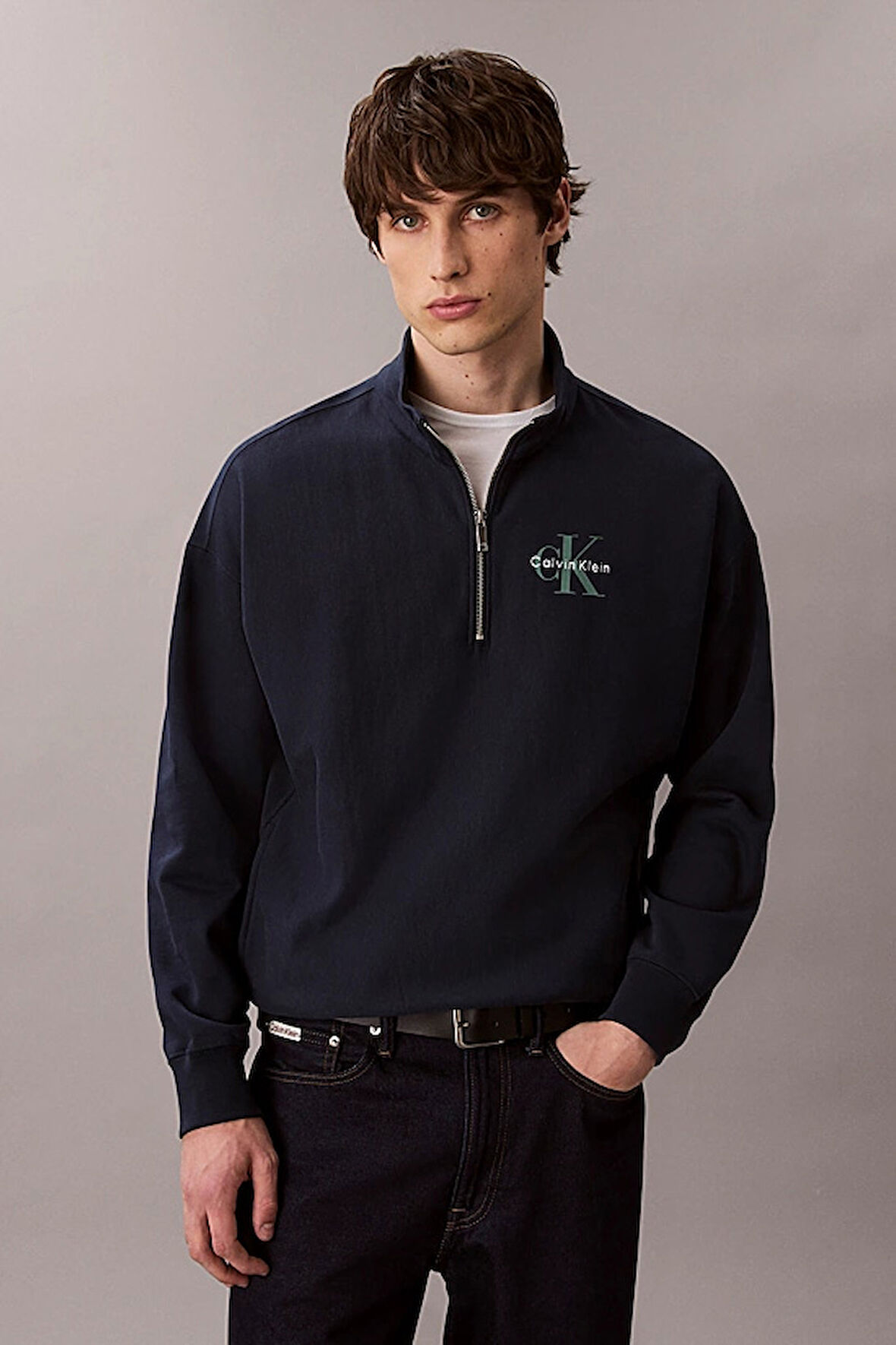 Erkek Rahat Kalıp Yarım Fermuarlı Yüksek Yaka Sweatshirt - Lacivert | XS