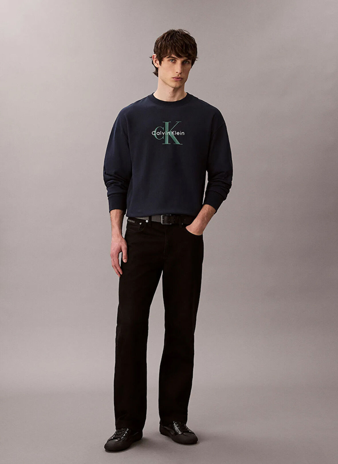 Calvin Klein Jeans Bisiklet Yaka Lacivert Erkek Sweatshırt LV04RD234GCEF LS PREMIUM TERRY MONO