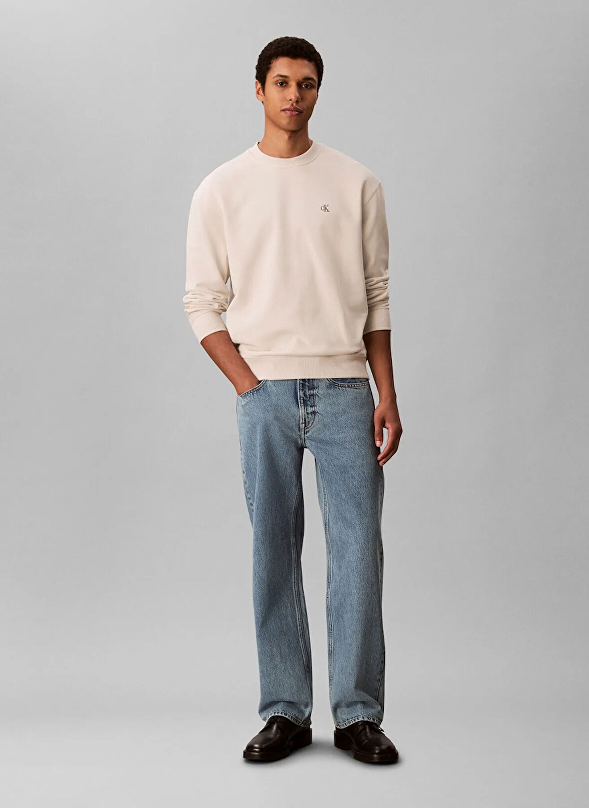 Calvin Klein Jeans Bisiklet Yaka Krem Erkek Sweatshırt LV04RC296G67U LS EU 350TERRY MONOGR