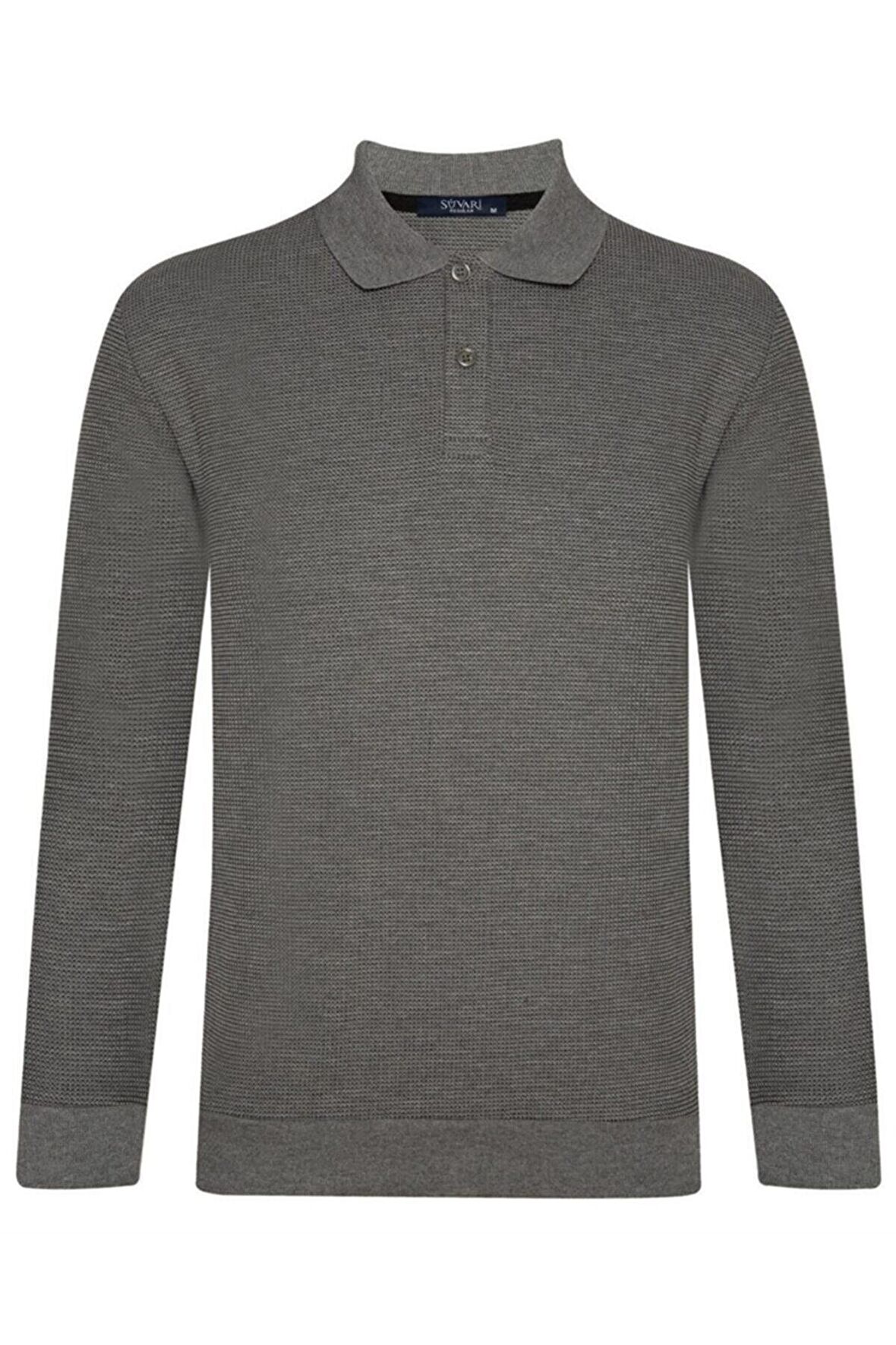 Süvari Classics Rahat Kalıp Waffle Zemin Desenli Gri Polo Yaka Mevsimlik Sweatshirt