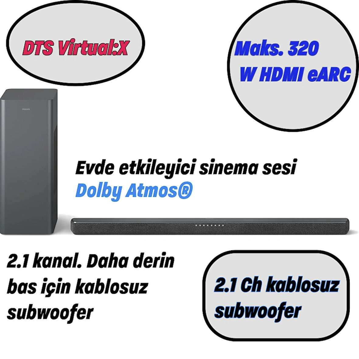 Philips LE Ses desteğiyle Bluetooth 5.3  2.1 Kanal 160 W Soundbar