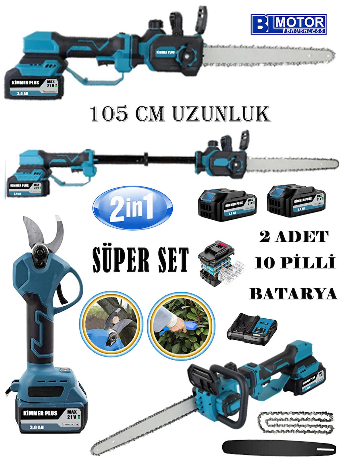 Wacker Pro Kimmer Seri 105 CM Teleskopik Uzunluk 33 Cm Palalı Yağ Pompalı Testere + Akülü Budama Makası