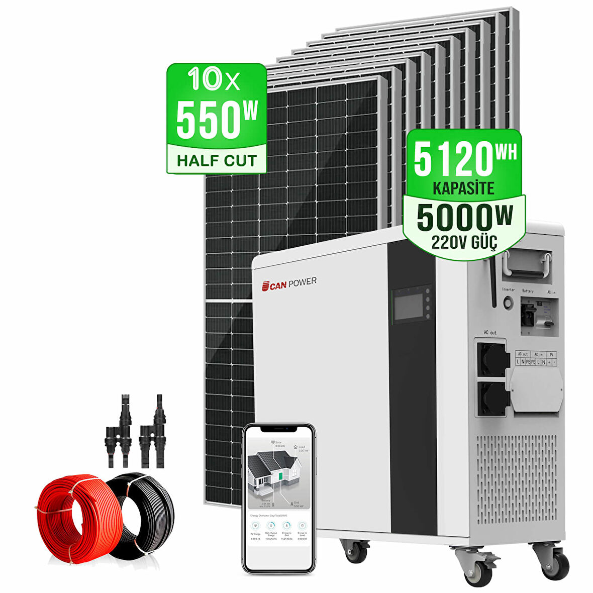 Canpower 5.12KW Kapasite+ 10x550W HalfCut Panel + 5KW İnvertör Lityum LifePo4 Villa Solar Enerji Seti