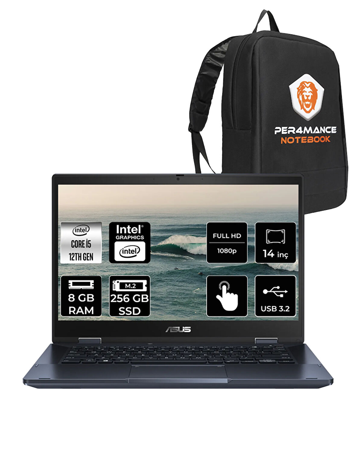 ASUS Expertbook B3 Flip i5 1235U 8GB RAM 256GB SSD 14" FHD FDOS Dokunmatik Bilgisayar & PER4 ÇANTA