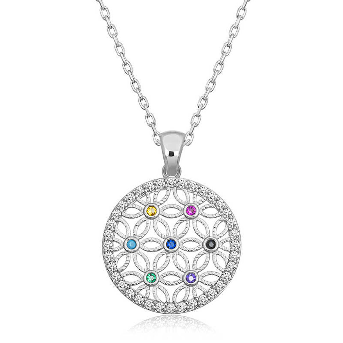 925 Ayar Gümüş Renkli Taşlı Yaşam Çiçeği Kadın Gümüş Kolye