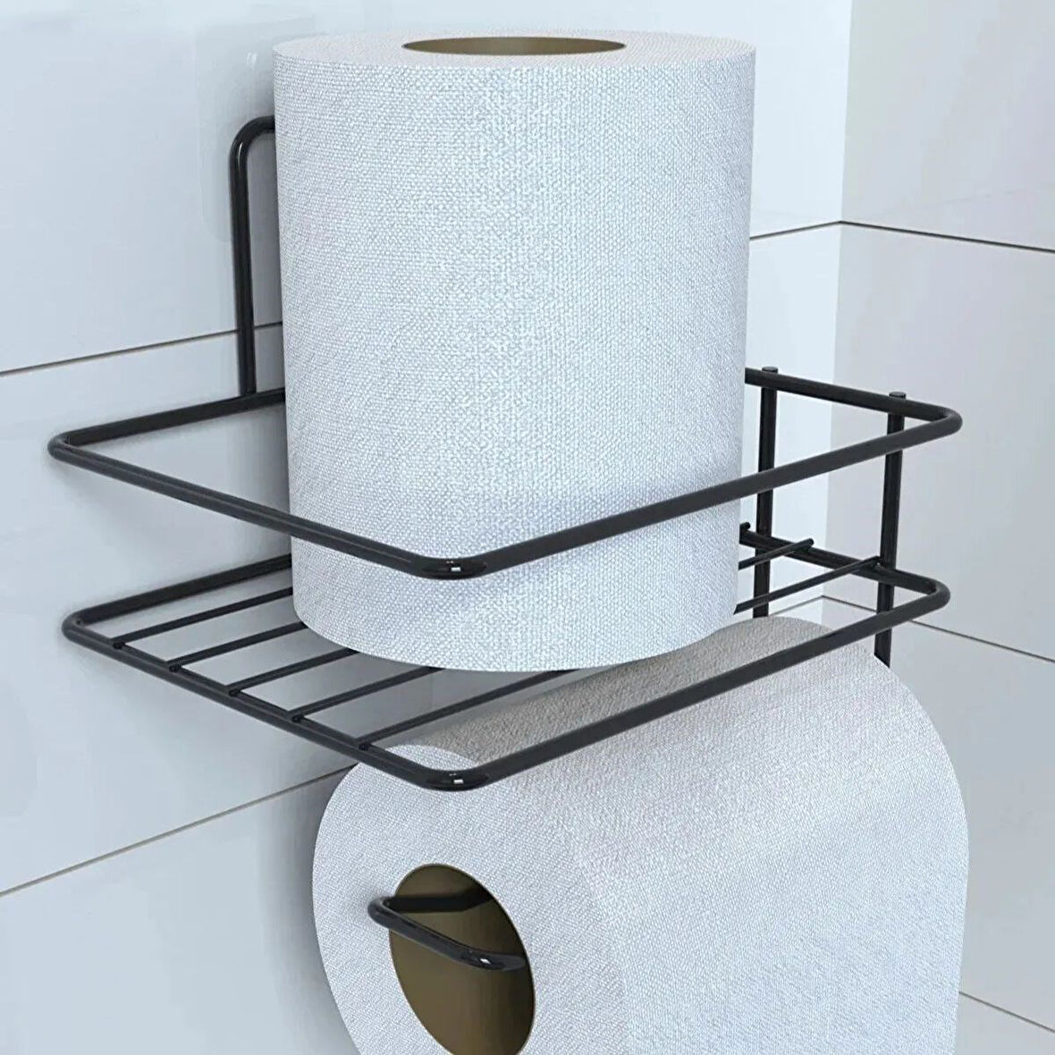 CT-STONES® Kendiliğinden Yapışkanlı Tuvalet Kağıdı Tutacağı ve Yedek Raf - Siyah Modern Metal Tasarım