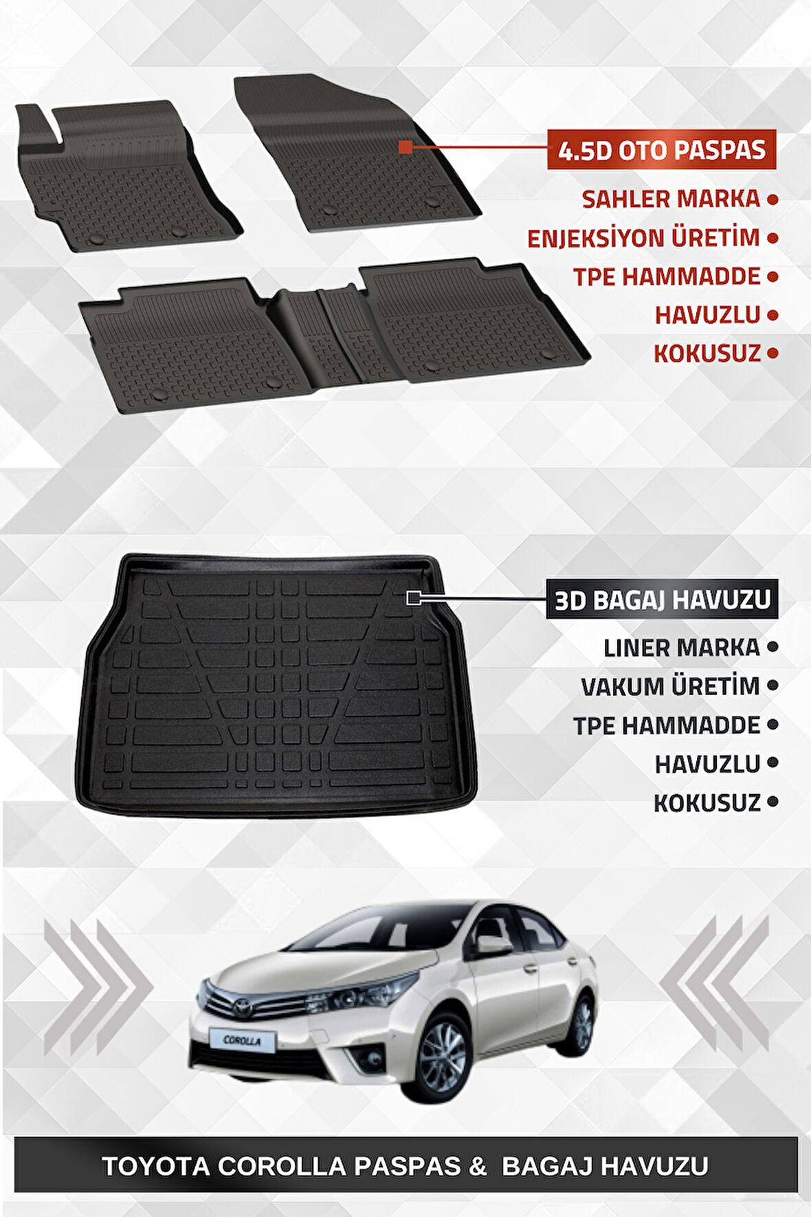 Sahler Toyota Corolla 2013-2018 Uyumlu 4.5D Premium Havuzlu Paspas ve Liner Marka 3D Bagaj Havuzu