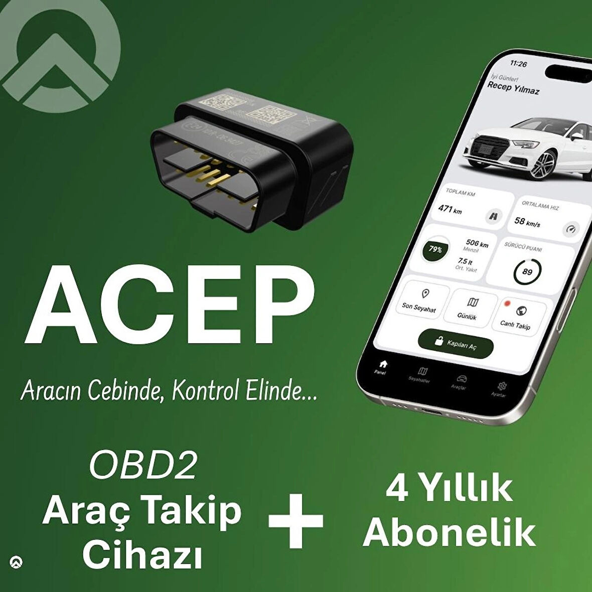 Acep Araç Takip Sistemi (OBD2) + 4 Yıllık Abonelik