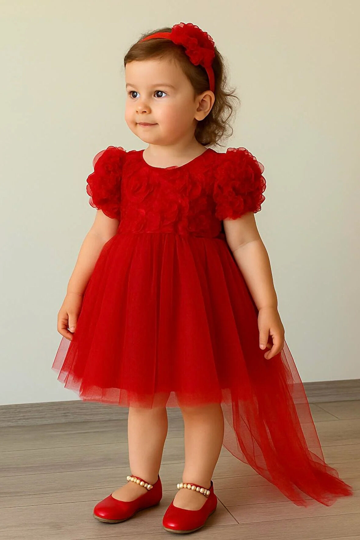 Kız Bebek Kırmızı Elbise Kısa Kollu Fiyonklu Doğum Günü Parti Düğün Özel Gün Tüllü Astarlı Prenses Parti Elbise 