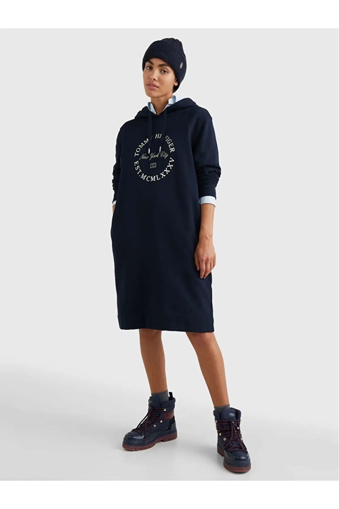 Baskı Kapşonlu Pamuklu Elbise