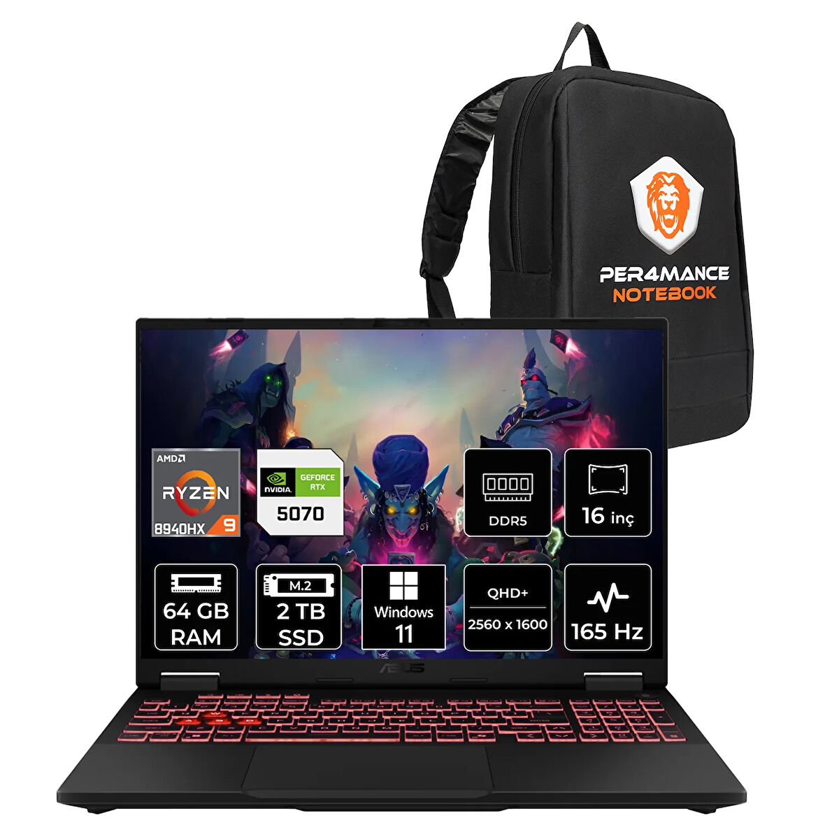 Asus TUF Gaming A16 R9 8940HX 64GB 2TB SSD RTX5070/8GB 165Hz 16'' 2.5K WQXGA W11H Laptop FA608PP