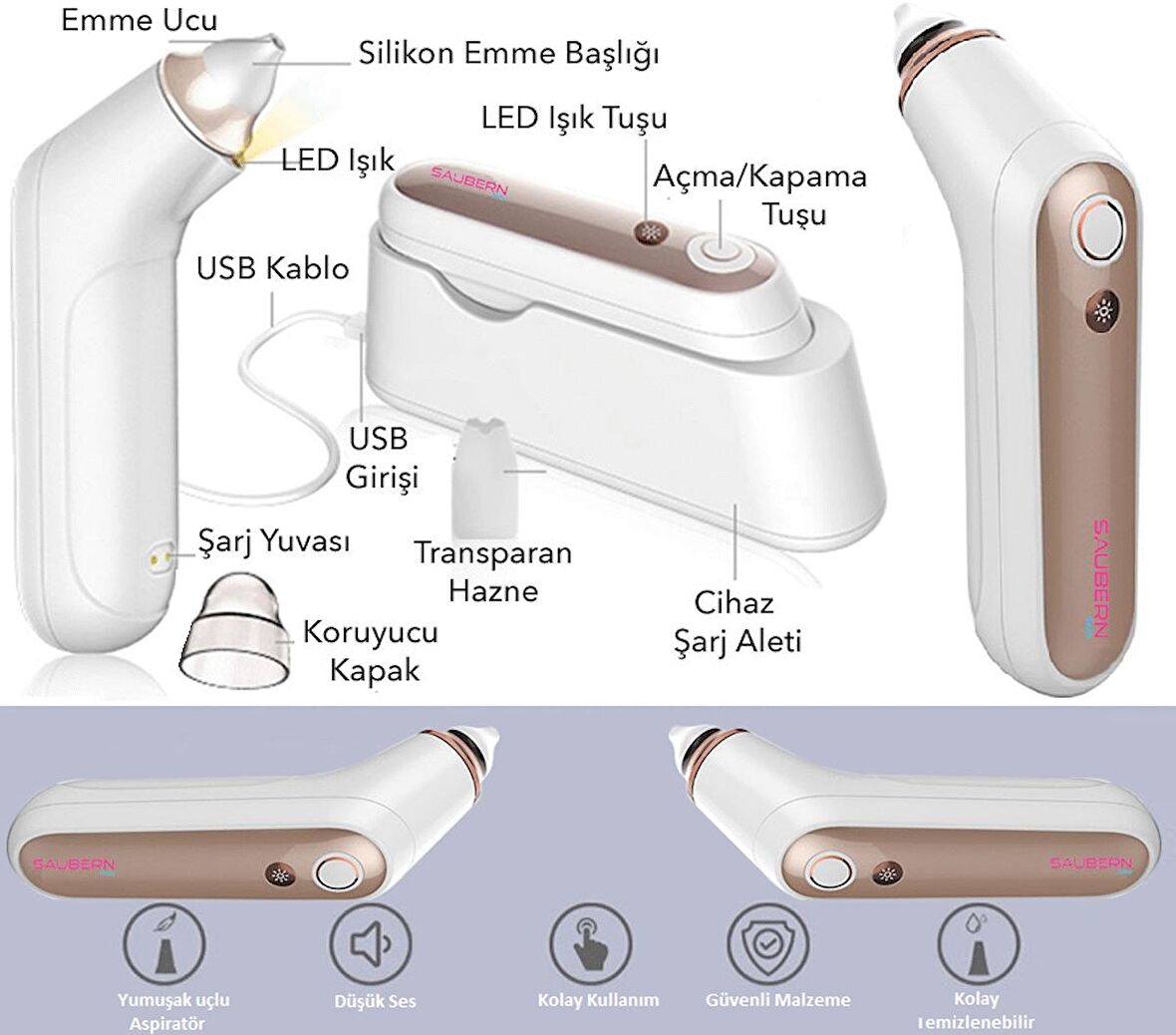 Saubern NA6153 Nasal Elektronik Burun Aspiratörü - Şarjlı Burun Vakum Makinesi