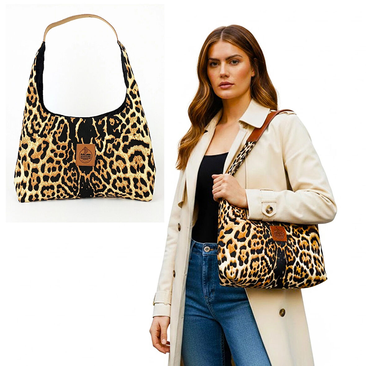 Woodycord El Yapımı Leopar Desenli Hobo Bag Omuz Çantası