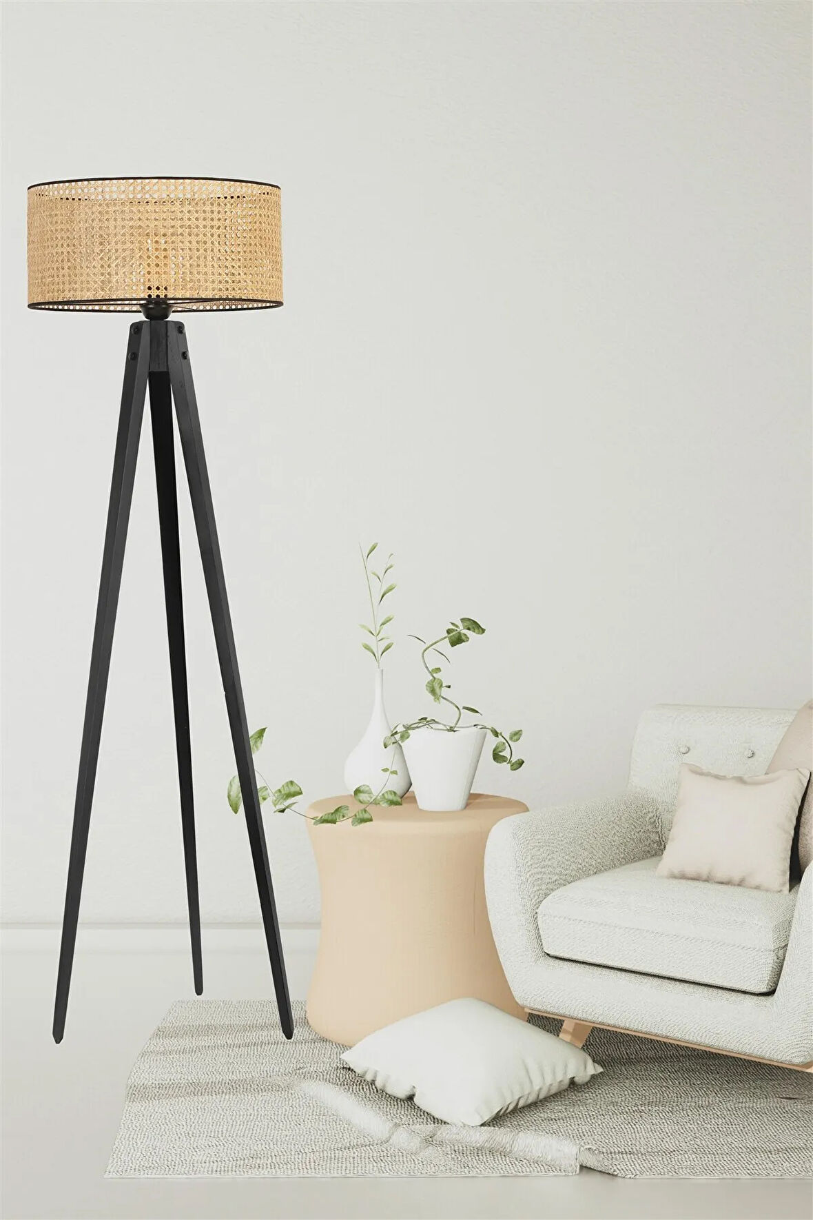 TRİPOD SİYAH SİLİNDİR RATTAN ABAJURLU LAMBADER