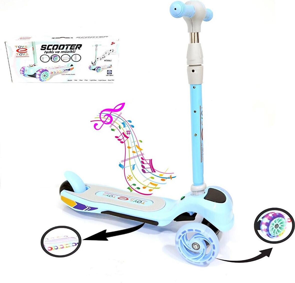 Toys e Toys Toysetoys Müzikli ve LED Işıklı Büyük Üç Teker ve Işıklı Gövdeli Çocuk Scooter - Mavi