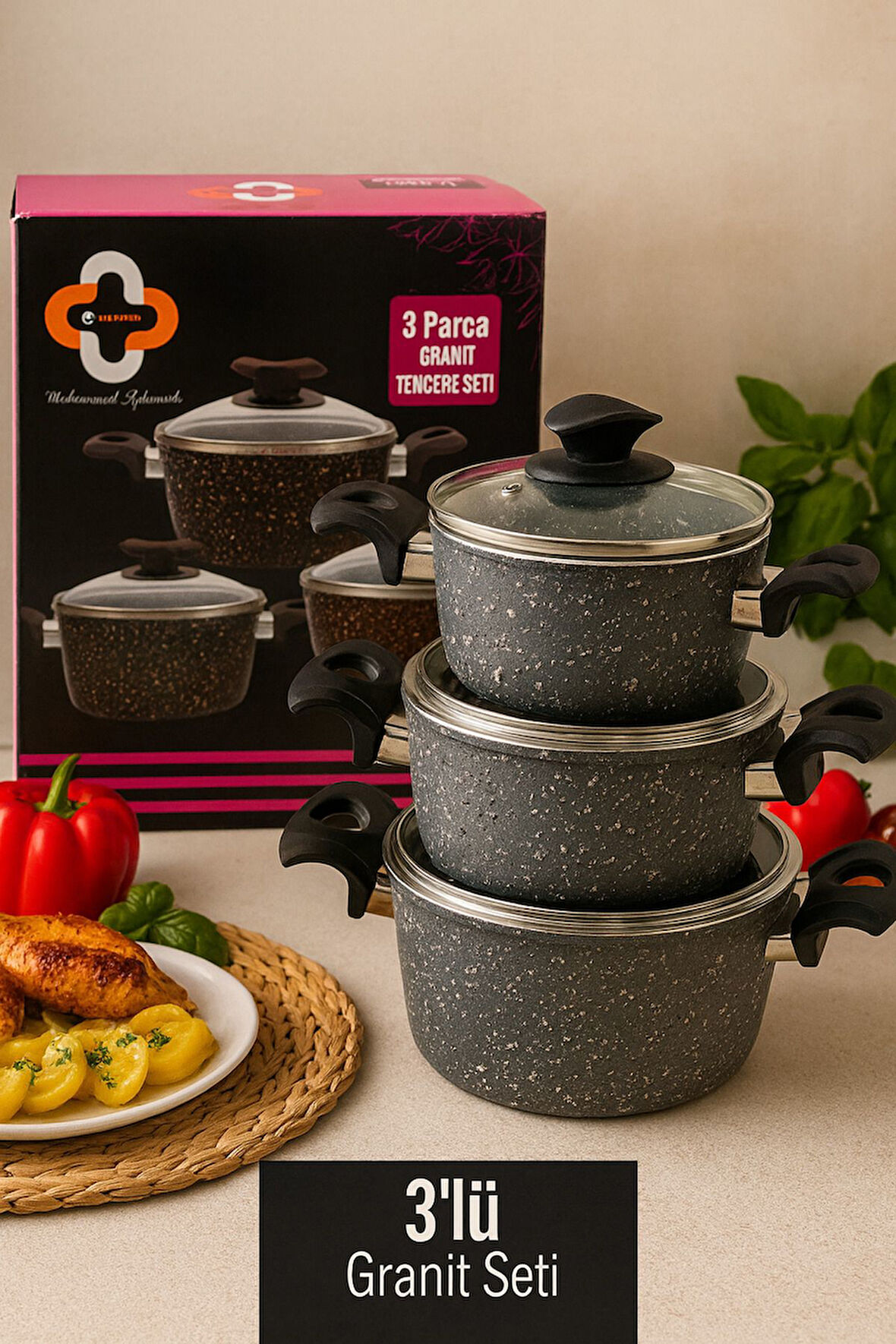 Palmiyra Ekonomik 6 Parça Granit Tencere Seti – 14 cm, 16 cm, 18 cm Derin Tencere, Yanmaz Yapışmaz