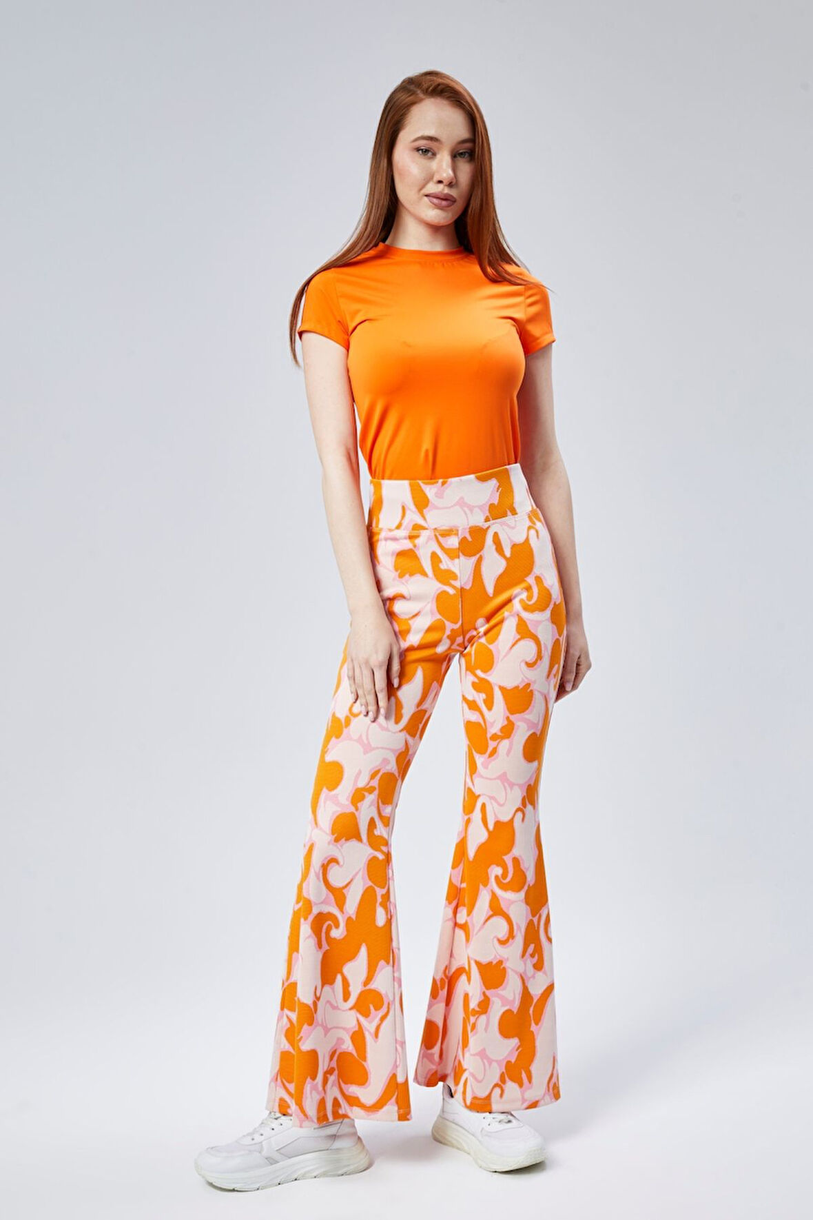 Kadın Yeşil Desenli Yüksek Bel Esnek İspanyol Paça Tayt Pantolan