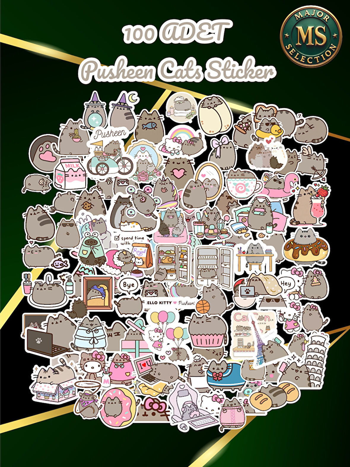 100'lü Sevimli Pusheen Kedi Sticker Seti – Suya Dayanıklı, Renkli ve Eğlenceli Çıkartmalar