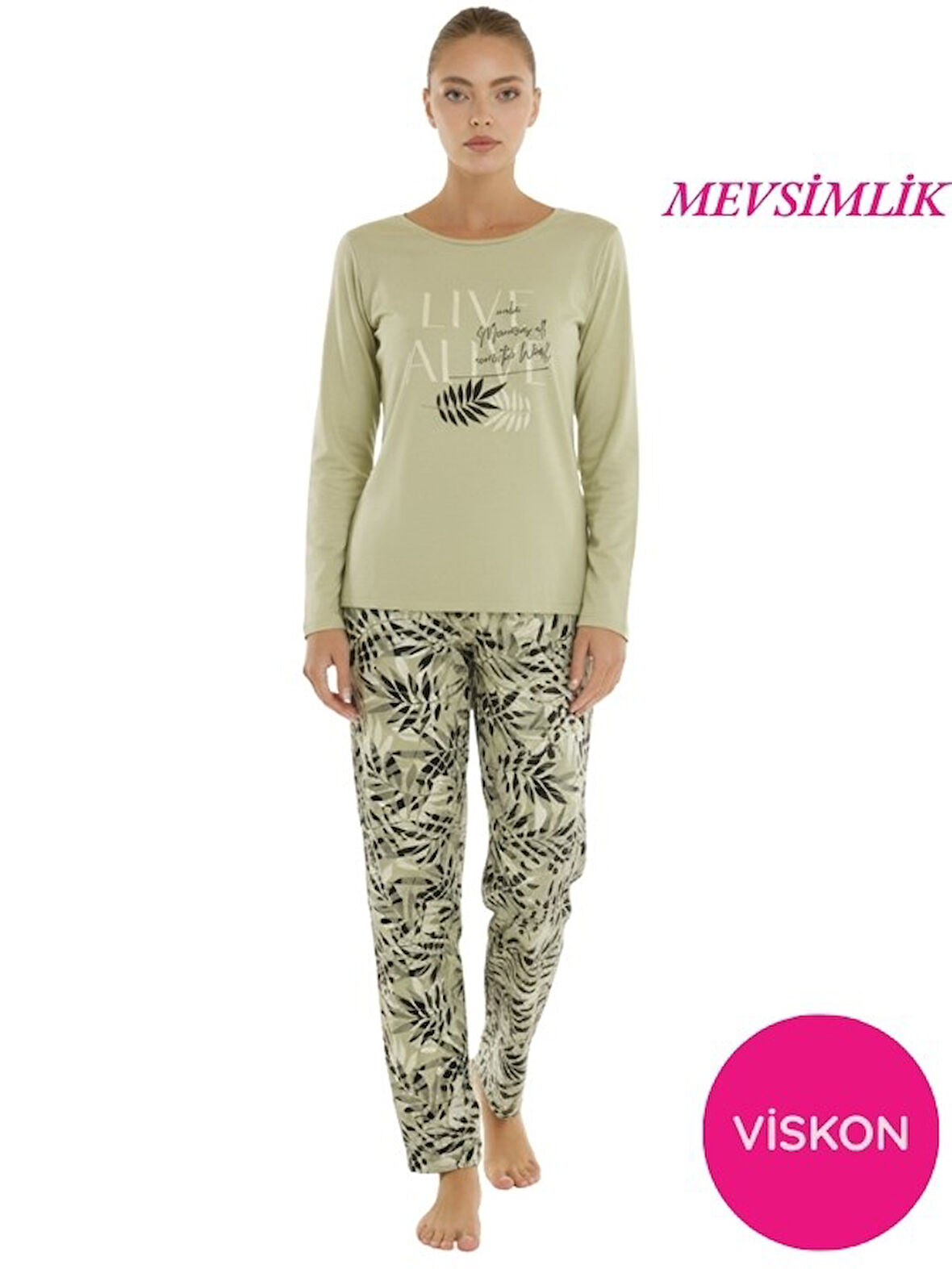 Kadın Desenli Bisiklet Yaka Düğmesiz Mevsimlik Likra Viskon Uzun Kol Pijama Takımı