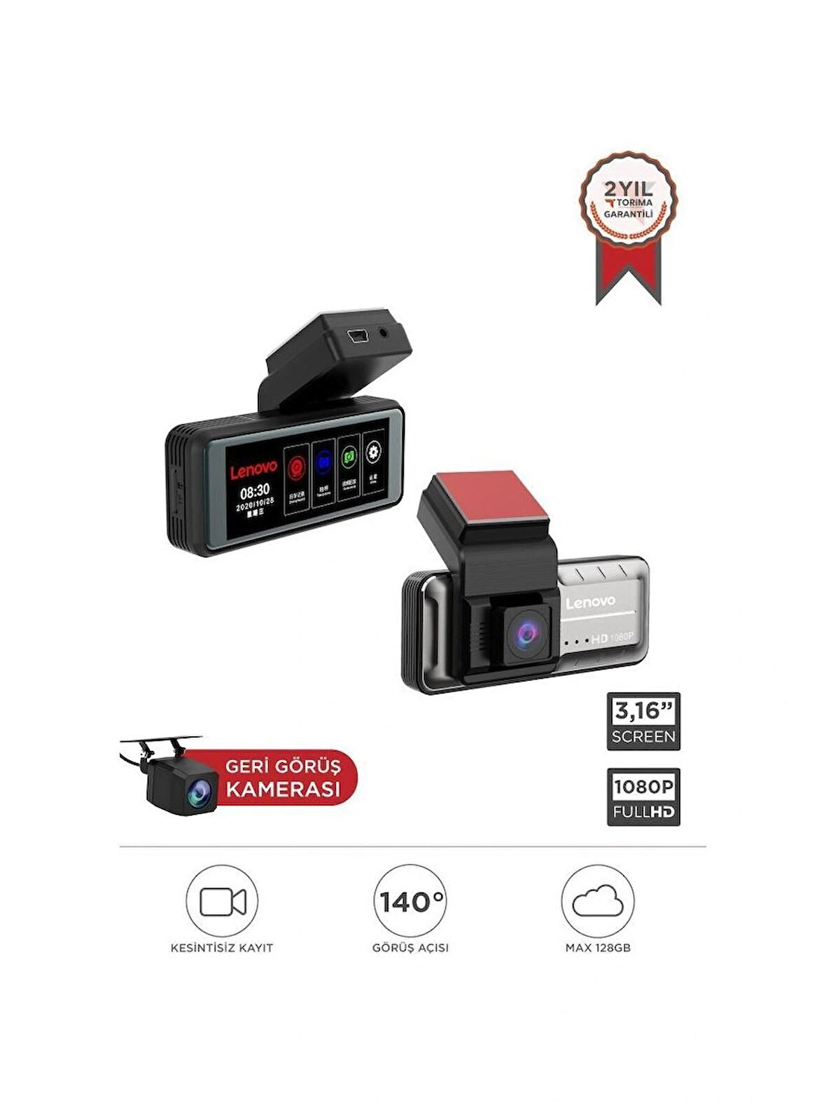 Lenovo Q3/3318 Siyah 1080p Wifi Araç İçi Dokunmatik Ön Ve Arka Araç Kamerası