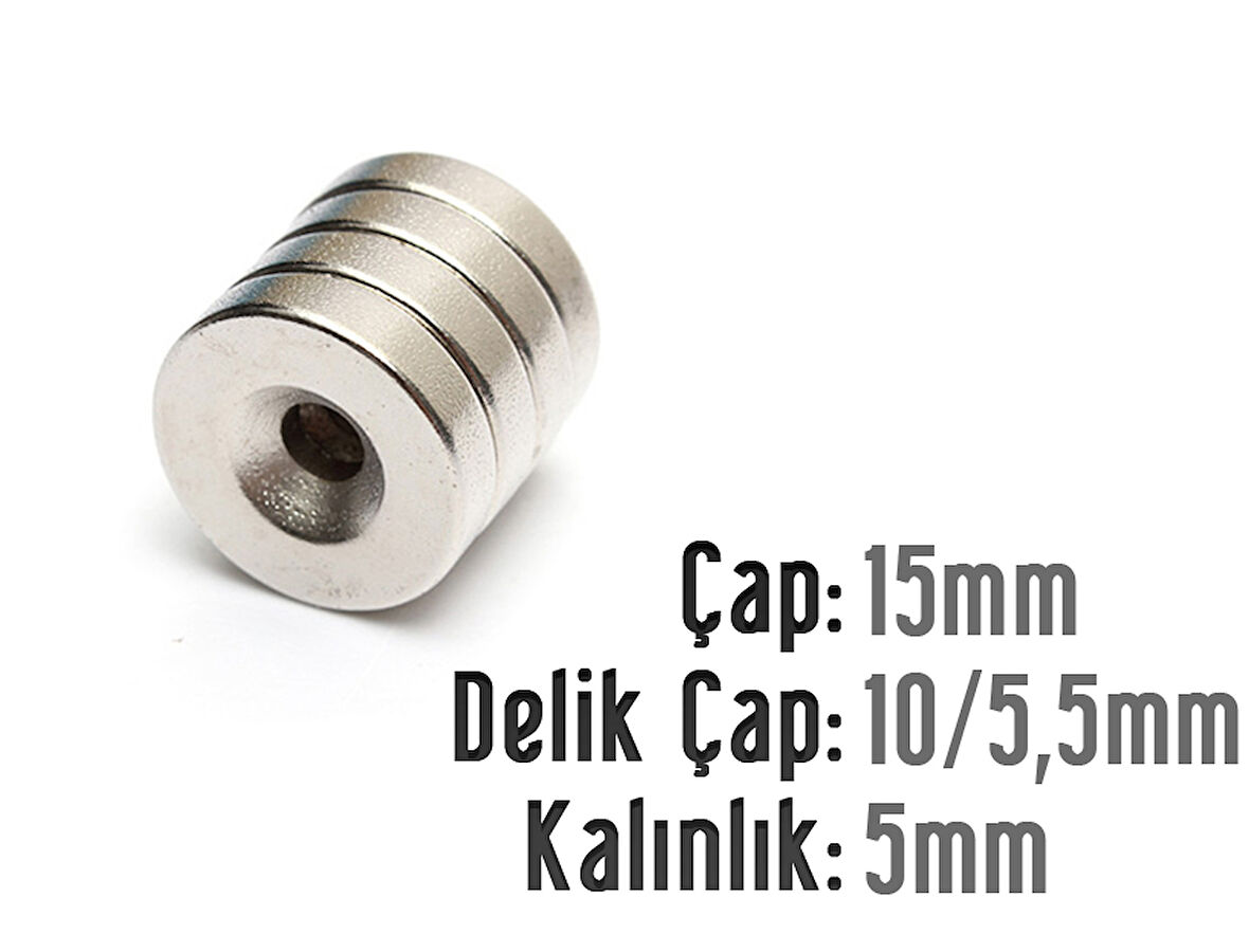 Neodyum Mıknatıs Yuvarlak Havşalı Çap 15mm (delik 10/5,5mm) Kalıklık 5mm 3 Adet