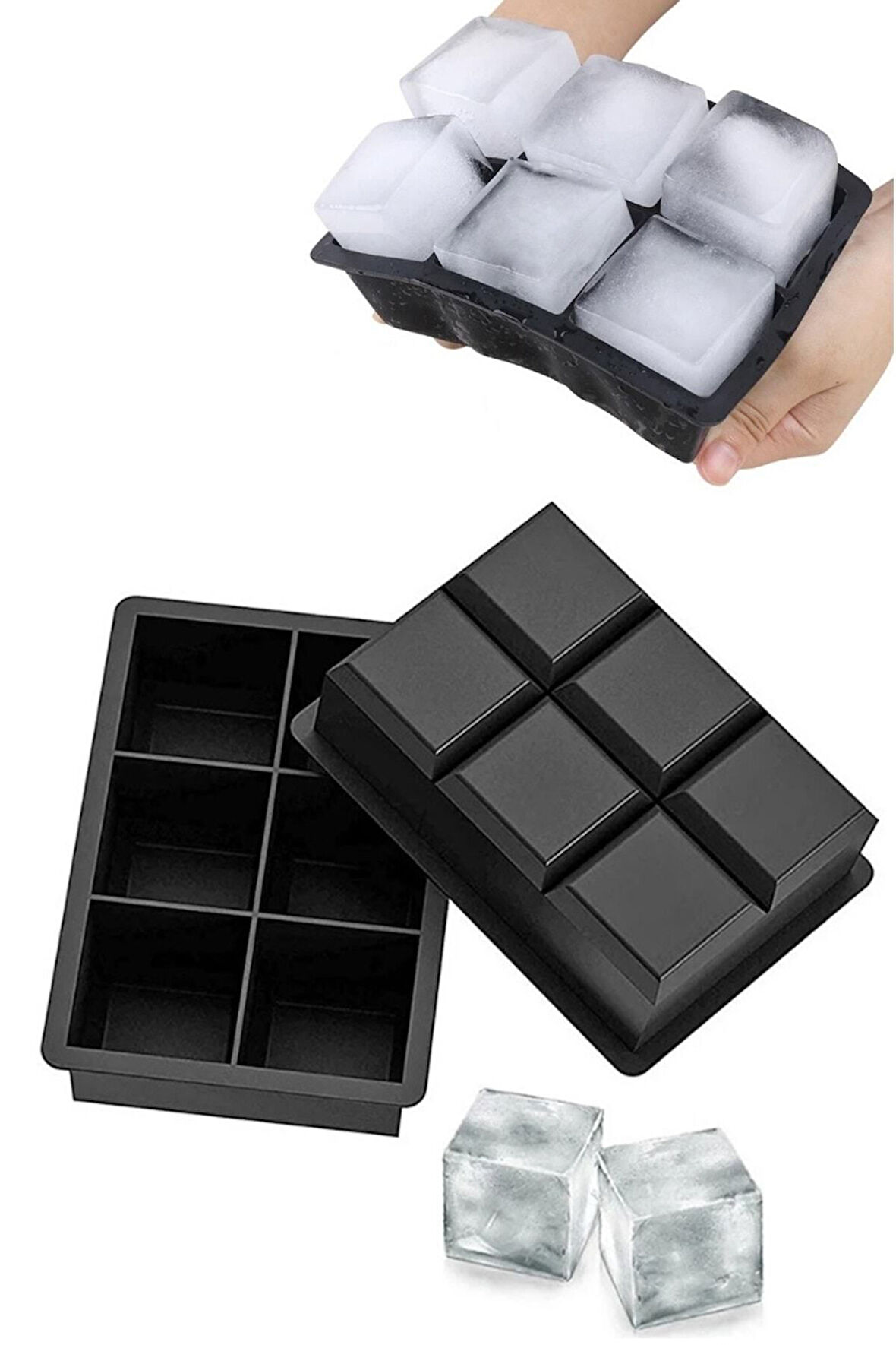 6 Bölmeli Büyük Boy Silikon Buz Kalıbı - 6'lı Siyah Silikon Kare Buzluk Kokteyl Sunum Buz Kalıbı