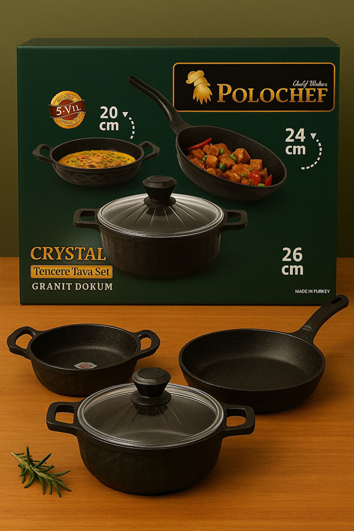 POLOCHEF Crystal Granit Döküm 5 Parça Tencere/Tava Seti -Fırına Girebilir-Tek Sette Hepsi Bir Arada!