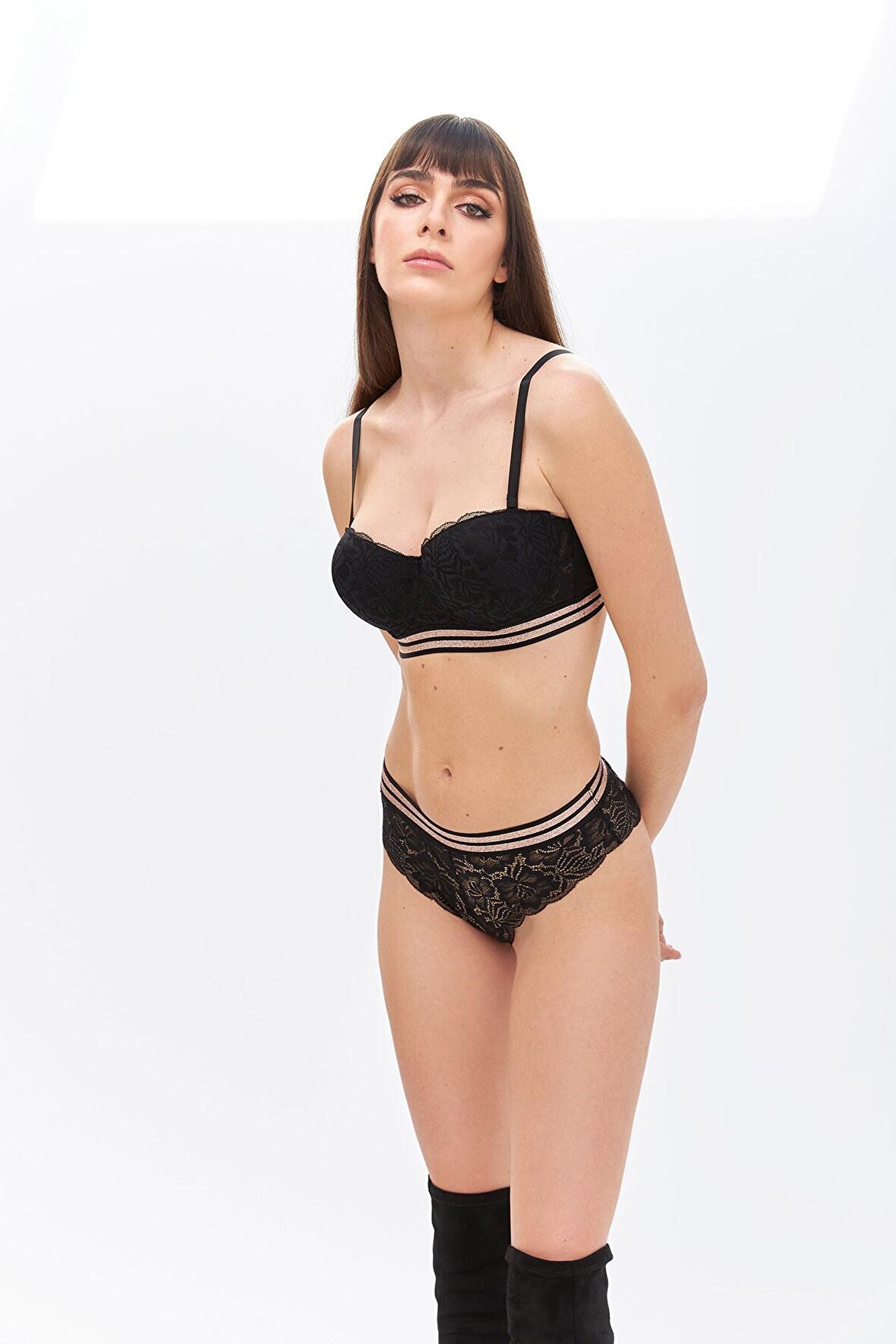 Siyah Rose Silvery Simli Straplez Sütyen Takımı