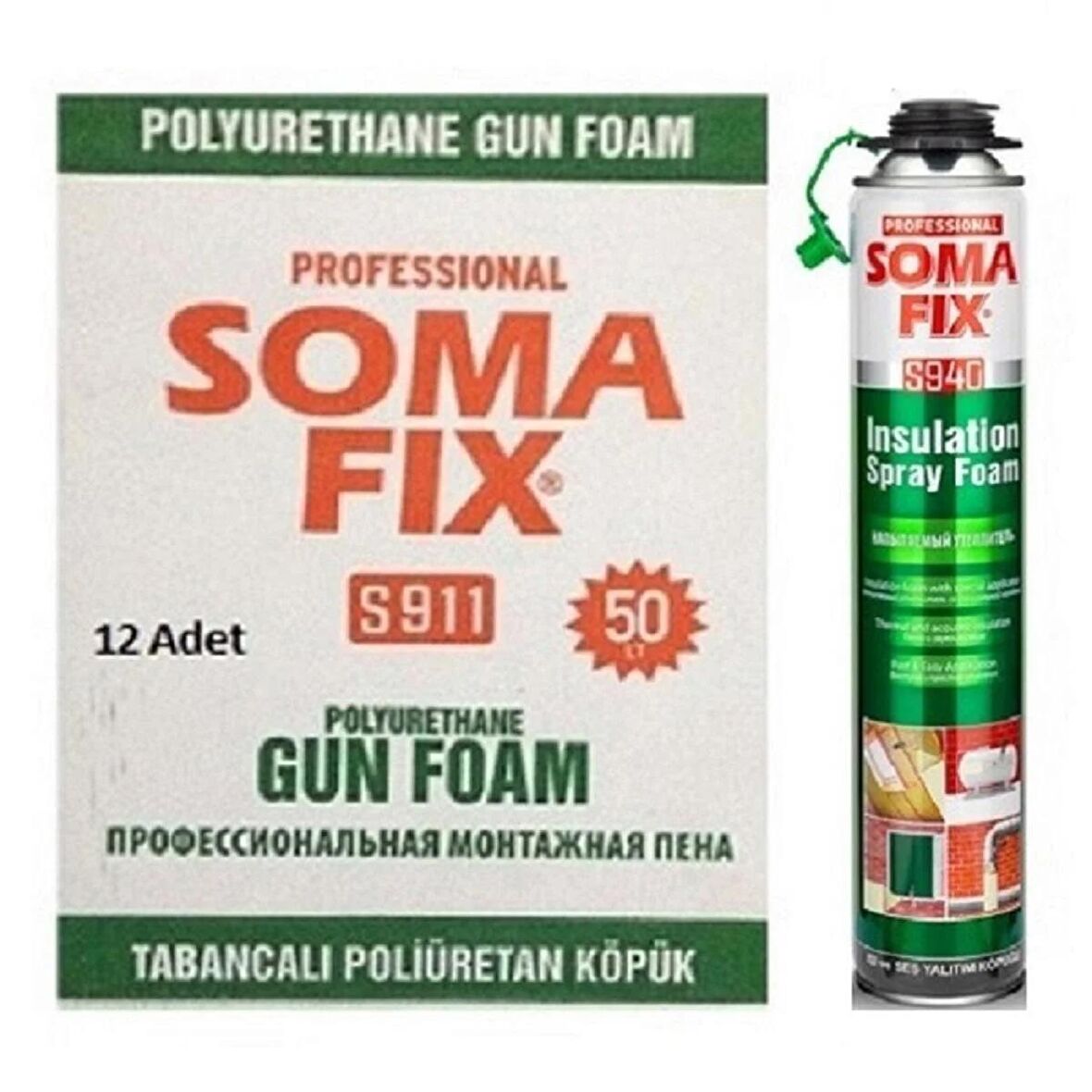 Somafix 12 Adet 850 ml Tabancalı Isı Ses Yalıtım Poliüretan Köpük Yatay Dikey Püskürtmeli Pu Köpüğü