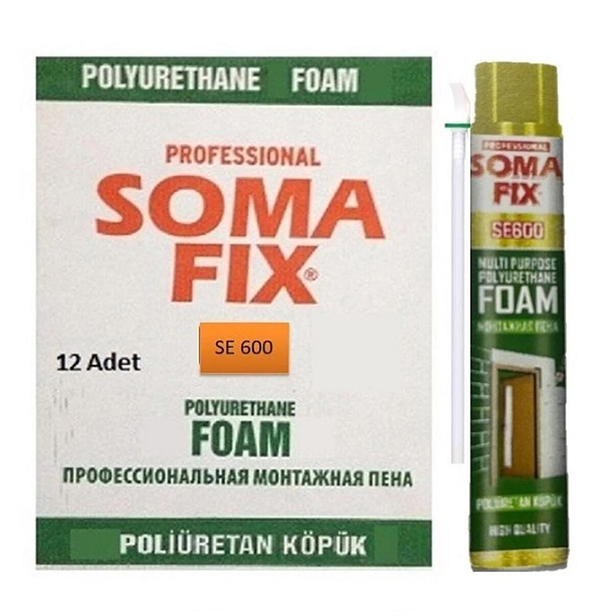 Somafix 12 Adet 600 ml Poliüretan Köpük Çelik Kapı Pencere İzolasyon Montaj Dolgu Pu Köpük