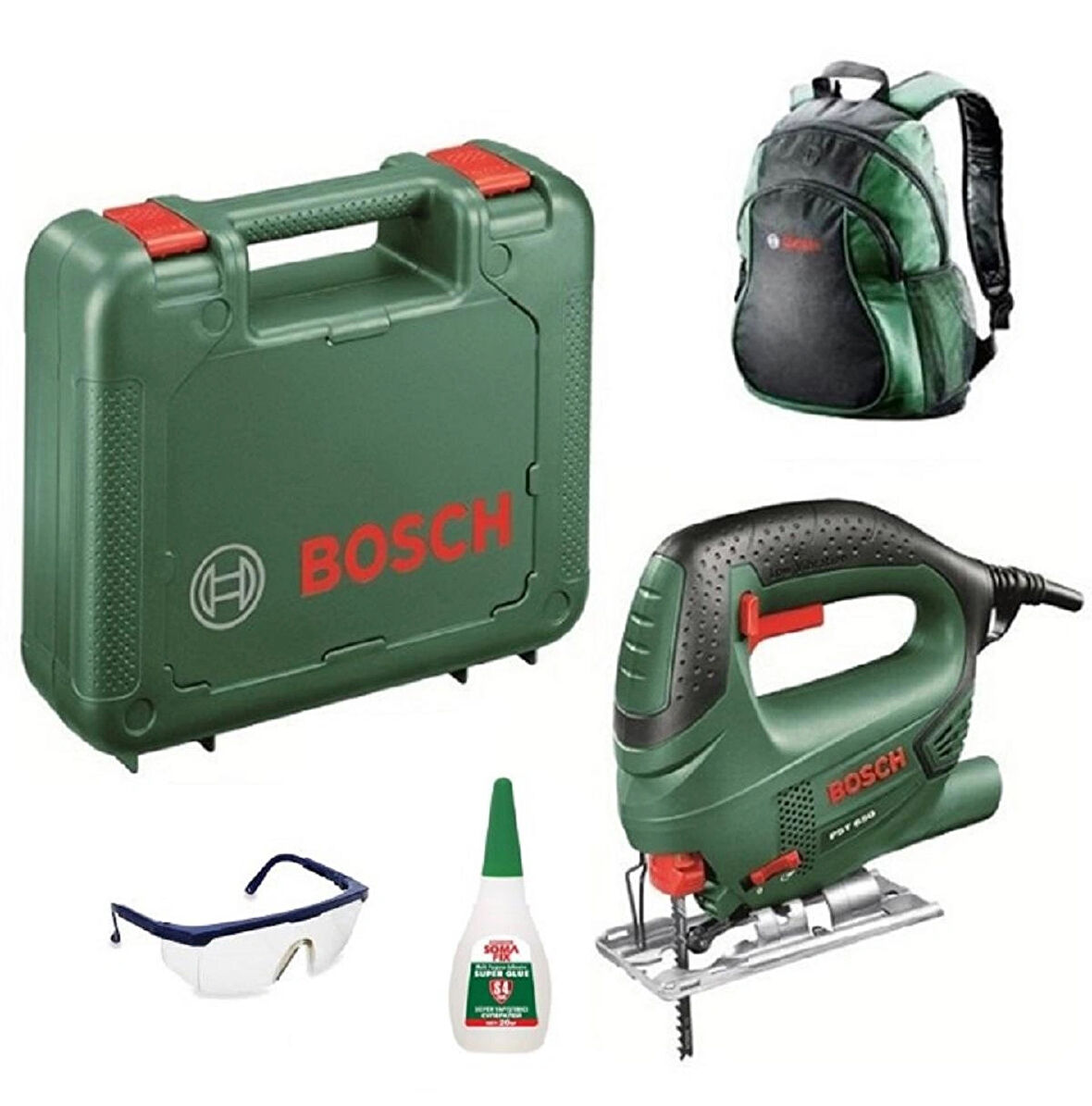 Bosch Pst 650 Dekupaj Testere 500 W Çantalı + Sırt Çantası + Yapıştırıcı + Gözlük Seti